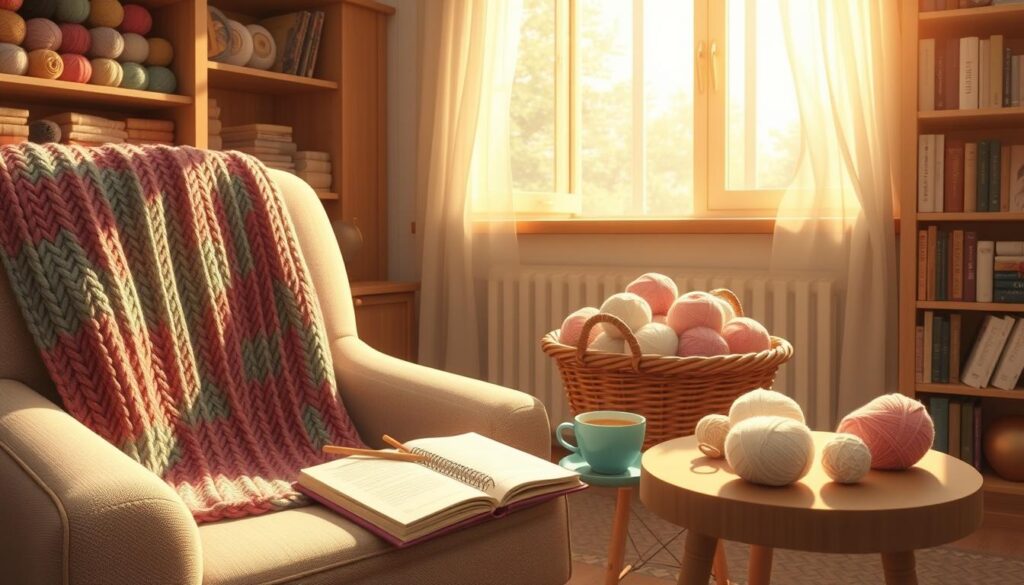 A cozy knitting nook setup exudes calmness and creativity. In the foreground, a plush armchair is adorned with a colorful knitted throw. A small side table holds an open notebook and a steaming cup of herbal tea, inviting mindfulness. In the middle, a basket overflowing with soft yarns in pastel colors sits beside a wooden knitting needle, suggesting a project in progress. The backdrop features a sunlit window draped with sheer curtains, filtering soft, warm light into the space. Shelves lined with neatly organized yarn spools and knitting books add depth to the room. The overall atmosphere is serene and inviting, perfect for relaxation and creativity, captured from a slightly elevated angle to provide a comprehensive view of this tranquil knitting environment. A cozy knitting nook setup exudes calmness and creativity. In the foreground, a plush armchair is adorned with a colorful knitted throw. A small side table holds an open notebook and a steaming cup of herbal tea, inviting mindfulness. In the middle, a basket overflowing with soft yarns in pastel colors sits beside a wooden knitting needle, suggesting a project in progress. The backdrop features a sunlit window draped with sheer curtains, filtering soft, warm light into the space. Shelves lined with neatly organized yarn spools and knitting books add depth to the room. The overall atmosphere is serene and inviting, perfect for relaxation and creativity, captured from a slightly elevated angle to provide a comprehensive view of this tranquil knitting environment.