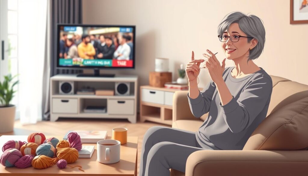 A cozy living room scene during a TV commercial break, showcasing a woman in modest casual clothing engaged in knitting hand stretches. In the foreground, she is perched comfortably on a sofa, with colorful yarn and knitting needles beside her. The middle ground features a coffee table with a warm drink and a few knitting books. The background captures a softly lit room with a TV muted, displaying a lively commercial in the distance. Natural light filters through a window, creating a relaxed atmosphere. The scene conveys a sense of health and vitality, emphasizing the importance of keeping hands active while enjoying leisure time. The composition is well-balanced, with a focus on the woman’s engaged expression as she performs simple hand exercises, illustrating a quick and easy routine. A cozy living room scene during a TV commercial break, showcasing a woman in modest casual clothing engaged in knitting hand stretches. In the foreground, she is perched comfortably on a sofa, with colorful yarn and knitting needles beside her. The middle ground features a coffee table with a warm drink and a few knitting books. The background captures a softly lit room with a TV muted, displaying a lively commercial in the distance. Natural light filters through a window, creating a relaxed atmosphere. The scene conveys a sense of health and vitality, emphasizing the importance of keeping hands active while enjoying leisure time. The composition is well-balanced, with a focus on the woman’s engaged expression as she performs simple hand exercises, illustrating a quick and easy routine.