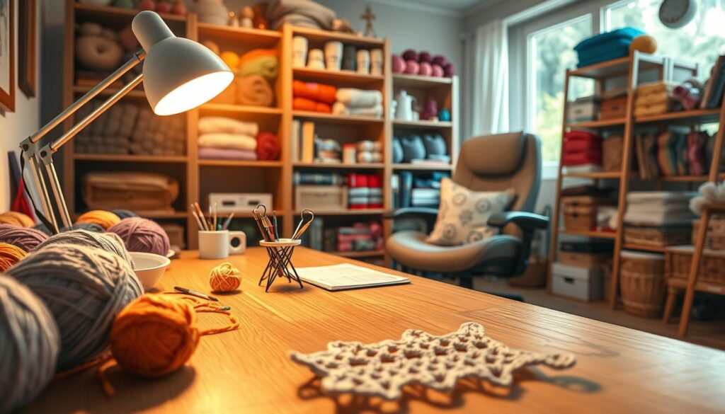 A cozy micro crochet workspace featuring a wooden table adorned with skeins of colorful yarn, a magnifying lamp providing bright, focused light, and a variety of delicate crochet hooks neatly arranged in a holder. In the foreground, a close-up of a partially completed tiny crochet project, showcasing intricate stitches. The middle of the scene includes a comfortable ergonomic chair, a soft cushion, and a small notepad with crochet patterns. In the background, there are shelves filled with neatly organized yarn and tools, creating a warm and inviting atmosphere. Soft natural light streams in from a nearby window, enhancing the inviting and focused mood perfect for creativity and precision. A cozy micro crochet workspace featuring a wooden table adorned with skeins of colorful yarn, a magnifying lamp providing bright, focused light, and a variety of delicate crochet hooks neatly arranged in a holder. In the foreground, a close-up of a partially completed tiny crochet project, showcasing intricate stitches. The middle of the scene includes a comfortable ergonomic chair, a soft cushion, and a small notepad with crochet patterns. In the background, there are shelves filled with neatly organized yarn and tools, creating a warm and inviting atmosphere. Soft natural light streams in from a nearby window, enhancing the inviting and focused mood perfect for creativity and precision.