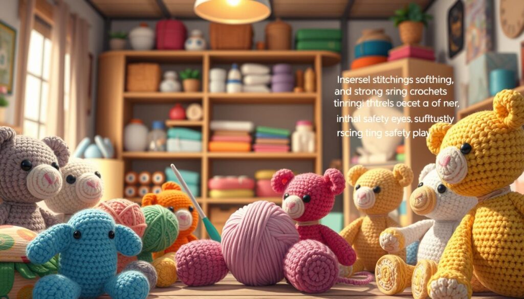 A cozy, well-lit craft room with a warm atmosphere, showcasing various crochet toys in the foreground. Display a colorful assortment of plush animals made with soft yarn, highlighting their internal reinforcement—sturdy stitching and strong materials that ensure safety during play. In the middle, feature a crochet hook and a skein of yarn, emphasizing the artistry and care involved in construction. In the background, soft-focus shelves filled with neatly organized crochet supplies, like safety eyes and stuffing materials, convey a sense of security and responsibility in crafting. The scene is softly illuminated by natural light from a nearby window, creating a welcoming and inspiring mood. Aim for an inviting composition that reflects creativity and the importance of safety in toy design. A cozy, well-lit craft room with a warm atmosphere, showcasing various crochet toys in the foreground. Display a colorful assortment of plush animals made with soft yarn, highlighting their internal reinforcement—sturdy stitching and strong materials that ensure safety during play. In the middle, feature a crochet hook and a skein of yarn, emphasizing the artistry and care involved in construction. In the background, soft-focus shelves filled with neatly organized crochet supplies, like safety eyes and stuffing materials, convey a sense of security and responsibility in crafting. The scene is softly illuminated by natural light from a nearby window, creating a welcoming and inspiring mood. Aim for an inviting composition that reflects creativity and the importance of safety in toy design.