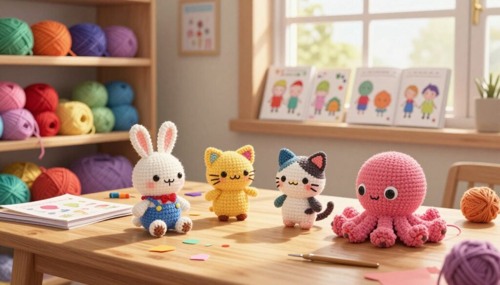 A cozy, well-lit crafting room filled with colorful yarns and amigurumi creations. In the foreground, a wooden table displays a collection of finished amigurumi characters, including a cheerful bunny, a cute cat, and a whimsical octopus, each with distinct colors and textures. In the middle ground, shelves are lined with various yarn skeins in vibrant hues, alongside a few open pattern books showcasing popular designs. The background features a softly lit window casting warm sunlight, adding an inviting atmosphere to the space. Include delicate details like crochet hooks and fabric scraps to emphasize the crafting process. The mood is inspirational and creative, ideal for showcasing the charm and artistry of amigurumi. A cozy, well-lit crafting room filled with colorful yarns and amigurumi creations. In the foreground, a wooden table displays a collection of finished amigurumi characters, including a cheerful bunny, a cute cat, and a whimsical octopus, each with distinct colors and textures. In the middle ground, shelves are lined with various yarn skeins in vibrant hues, alongside a few open pattern books showcasing popular designs. The background features a softly lit window casting warm sunlight, adding an inviting atmosphere to the space. Include delicate details like crochet hooks and fabric scraps to emphasize the crafting process. The mood is inspirational and creative, ideal for showcasing the charm and artistry of amigurumi.