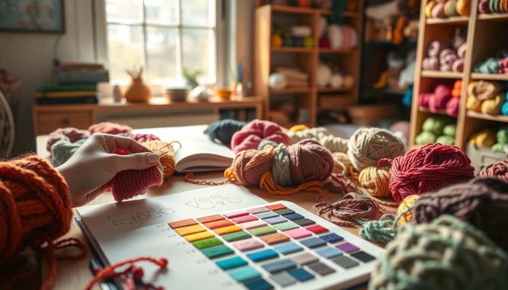 A cozy, well-lit crafting space displaying a wooden table cluttered with various skeins of brightly colored yarns in different textures and shades. In the foreground, a knitter's hand carefully swatches a vibrant array of yarns, matching them against a knitted sample. The middle ground features an open notebook with color combinations sketched in, along with swatches pinned beside each color. The background reveals shelves filled with neatly organized yarn and knitting tools, softly blurred to emphasize the swatching process. The warm, inviting ambiance is enhanced by natural light streaming through a window, creating gentle highlights and shadows. The overall mood is creative and calm, inviting the viewer to explore the artistry of color theory in knitting. A cozy, well-lit crafting space displaying a wooden table cluttered with various skeins of brightly colored yarns in different textures and shades. In the foreground, a knitter's hand carefully swatches a vibrant array of yarns, matching them against a knitted sample. The middle ground features an open notebook with color combinations sketched in, along with swatches pinned beside each color. The background reveals shelves filled with neatly organized yarn and knitting tools, softly blurred to emphasize the swatching process. The warm, inviting ambiance is enhanced by natural light streaming through a window, creating gentle highlights and shadows. The overall mood is creative and calm, inviting the viewer to explore the artistry of color theory in knitting.