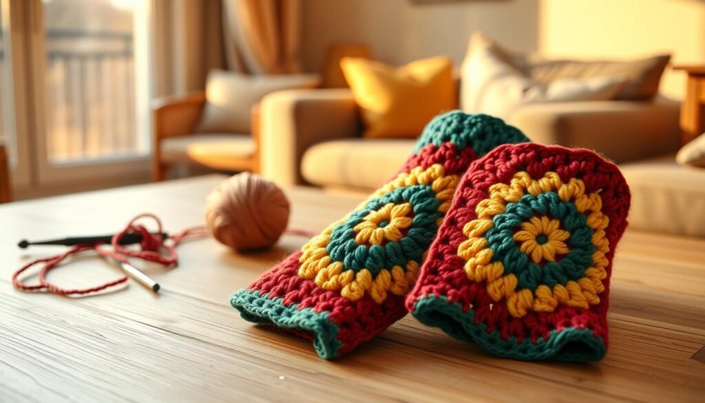 A pair of beautifully handcrafted granny square wrist warmers displayed prominently in the foreground, showcasing intricate crochet patterns with vibrant colors like deep red, bright yellow, and emerald green. The warmers are laid gently on a soft, textured wooden table, highlighting their cozy appeal. In the middle ground, a blurred ball of yarn and a crochet hook suggest the creative process of making these accessories. The background features a softly lit, inviting living room setting with a comfy armchair and a window letting in warm, golden afternoon light. The overall atmosphere is cozy and inspiring, perfect for winter crafting vibes. The image captures a sense of warmth and creativity, ideal for crafters seeking design inspiration. A pair of beautifully handcrafted granny square wrist warmers displayed prominently in the foreground, showcasing intricate crochet patterns with vibrant colors like deep red, bright yellow, and emerald green. The warmers are laid gently on a soft, textured wooden table, highlighting their cozy appeal. In the middle ground, a blurred ball of yarn and a crochet hook suggest the creative process of making these accessories. The background features a softly lit, inviting living room setting with a comfy armchair and a window letting in warm, golden afternoon light. The overall atmosphere is cozy and inspiring, perfect for winter crafting vibes. The image captures a sense of warmth and creativity, ideal for crafters seeking design inspiration.