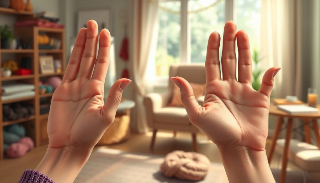 A serene scene featuring a pair of hands demonstrating various hand stretches specifically for knitters. In the foreground, showcase a close-up of the hands in different positions, highlighting the finger and wrist stretches, with smooth, healthy skin and neatly manicured nails. The middle ground includes a cozy, softly lit knitting workspace with natural light filtering through a window, illuminating an array of colorful yarns and knitting needles. The background features a comfortable chair and a small table with a half-finished knitting project, evoking a warm and inviting atmosphere. Capture the image with a soft focus effect to enhance relaxation, using a shallow depth of field to bring attention to the hands. The overall mood is calming and encouraging, promoting hand wellness for knitters. A serene scene featuring a pair of hands demonstrating various hand stretches specifically for knitters. In the foreground, showcase a close-up of the hands in different positions, highlighting the finger and wrist stretches, with smooth, healthy skin and neatly manicured nails. The middle ground includes a cozy, softly lit knitting workspace with natural light filtering through a window, illuminating an array of colorful yarns and knitting needles. The background features a comfortable chair and a small table with a half-finished knitting project, evoking a warm and inviting atmosphere. Capture the image with a soft focus effect to enhance relaxation, using a shallow depth of field to bring attention to the hands. The overall mood is calming and encouraging, promoting hand wellness for knitters.