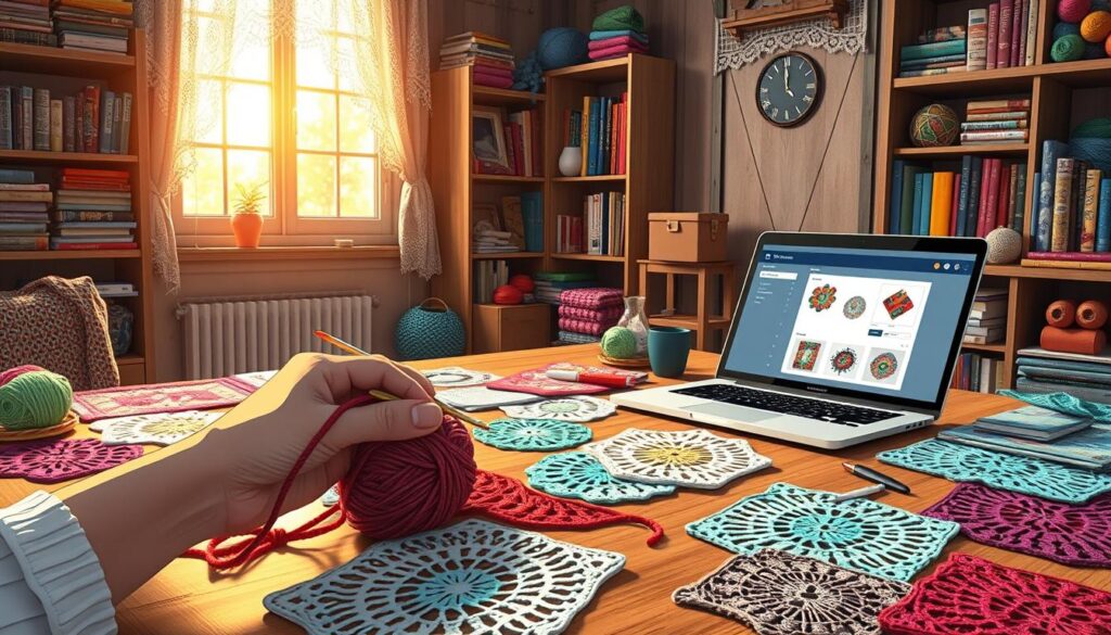 A serene workspace showcasing an array of colorful crochet patterns being resized. In the foreground, a skilled hand expertly manipulates vibrant yarn with a crochet hook, surrounded by a variety of pattern templates laid out on a rustic wooden table. The middle ground features an open, well-lit laptop displaying a digital resizing tool for crochet patterns. In the background, soft sunlight filters through a window adorned with lace curtains, illuminating shelves filled with yarn and crochet books. The atmosphere is warm and inviting, suggesting creativity and productivity. The image captures a moment of focus and inspiration, ideal for illustrating the concept of resizing crochet patterns with ease. A serene workspace showcasing an array of colorful crochet patterns being resized. In the foreground, a skilled hand expertly manipulates vibrant yarn with a crochet hook, surrounded by a variety of pattern templates laid out on a rustic wooden table. The middle ground features an open, well-lit laptop displaying a digital resizing tool for crochet patterns. In the background, soft sunlight filters through a window adorned with lace curtains, illuminating shelves filled with yarn and crochet books. The atmosphere is warm and inviting, suggesting creativity and productivity. The image captures a moment of focus and inspiration, ideal for illustrating the concept of resizing crochet patterns with ease.