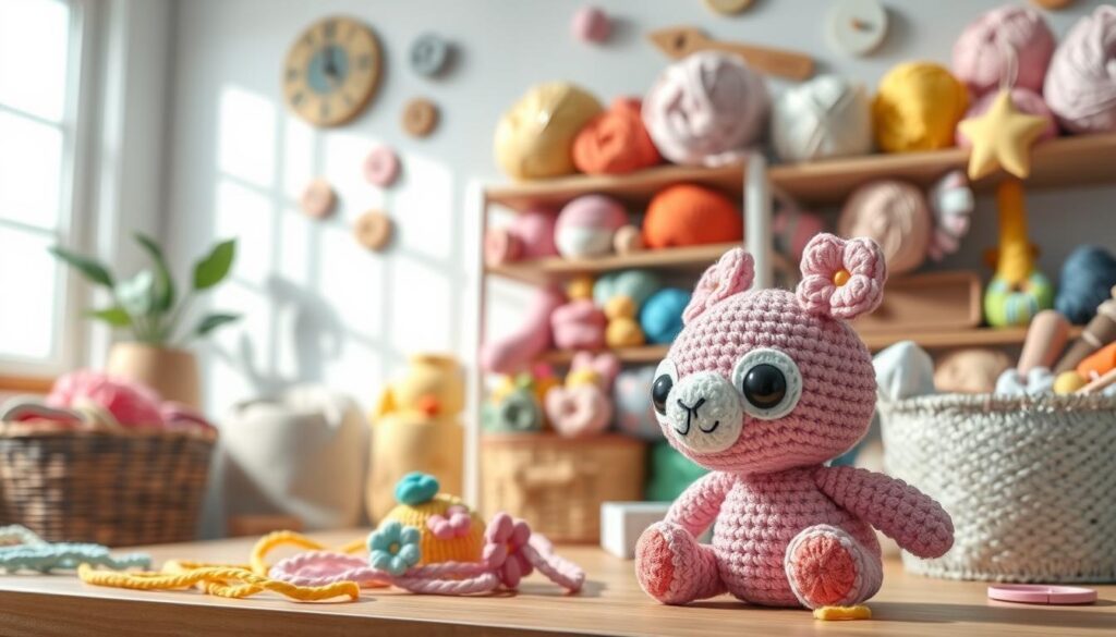 A tranquil crochet workspace featuring a variety of safe embellishments and sensory add-ons for children's toys. In the foreground, a soft, colorful crochet toy with large, round safety eyes and securely attached, plush embellishments like flowers and stars. The middle layer showcases an array of vibrant yarns in pastel colors, alongside a selection of non-toxic, child-safe accessories such as felt pieces and wooden buttons, all neatly organized. The background reveals a well-lit, cozy crafting area with natural light streaming in through a window, illuminating the textures of the yarn and the intricate stitches of the toys. The atmosphere is warm and inviting, promoting a sense of creativity and safety in crochet playtime. A tranquil crochet workspace featuring a variety of safe embellishments and sensory add-ons for children's toys. In the foreground, a soft, colorful crochet toy with large, round safety eyes and securely attached, plush embellishments like flowers and stars. The middle layer showcases an array of vibrant yarns in pastel colors, alongside a selection of non-toxic, child-safe accessories such as felt pieces and wooden buttons, all neatly organized. The background reveals a well-lit, cozy crafting area with natural light streaming in through a window, illuminating the textures of the yarn and the intricate stitches of the toys. The atmosphere is warm and inviting, promoting a sense of creativity and safety in crochet playtime.