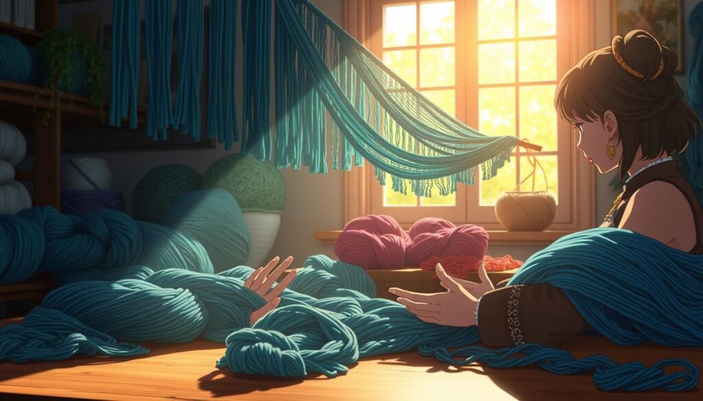 A tranquil workspace with a skilled artisan seated at a table, meticulously draping vibrant yarns in deep hues of blue and green, illustrating the concept of "match drape and halo." In the foreground, the artisan's hands are positioned carefully, showcasing the texture of the yarn while placing a delicate halo of light around them. The middle of the scene features a variety of yarn skeins and swatches, arranged thoughtfully to emphasize their drape and sheen. In the background, a softly lit window bathes the scene in warm, natural light, highlighting the artisanal atmosphere. The overall mood is creative and focused, inviting viewers to appreciate the subtleties of yarn selection and the importance of design considerations in crafting. A tranquil workspace with a skilled artisan seated at a table, meticulously draping vibrant yarns in deep hues of blue and green, illustrating the concept of "match drape and halo." In the foreground, the artisan's hands are positioned carefully, showcasing the texture of the yarn while placing a delicate halo of light around them. The middle of the scene features a variety of yarn skeins and swatches, arranged thoughtfully to emphasize their drape and sheen. In the background, a softly lit window bathes the scene in warm, natural light, highlighting the artisanal atmosphere. The overall mood is creative and focused, inviting viewers to appreciate the subtleties of yarn selection and the importance of design considerations in crafting.