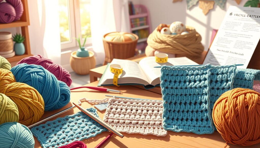 A vibrant, cozy crafting scene showcasing various crochet stitches and versatile patterns. In the foreground, colorful yarn skeins are elegantly arranged, with crochet hooks resting beside them. Several swatches of crochet, each demonstrating different stitch multiples, display intricate designs like shells, clusters, and ribbing. The middle ground features a beautifully illuminated workspace, with a wooden table adorned with measuring tapes and crochet pattern books open to helpful guides. In the background, a softly blurred nest of handmade crochet items creates an inviting atmosphere. Natural lighting streams through a nearby window, casting gentle shadows that highlight the textures of the yarn and stitches. The overall mood is warm, creative, and encouraging, celebrating the joy of crochet craftsmanship. A vibrant, cozy crafting scene showcasing various crochet stitches and versatile patterns. In the foreground, colorful yarn skeins are elegantly arranged, with crochet hooks resting beside them. Several swatches of crochet, each demonstrating different stitch multiples, display intricate designs like shells, clusters, and ribbing. The middle ground features a beautifully illuminated workspace, with a wooden table adorned with measuring tapes and crochet pattern books open to helpful guides. In the background, a softly blurred nest of handmade crochet items creates an inviting atmosphere. Natural lighting streams through a nearby window, casting gentle shadows that highlight the textures of the yarn and stitches. The overall mood is warm, creative, and encouraging, celebrating the joy of crochet craftsmanship.