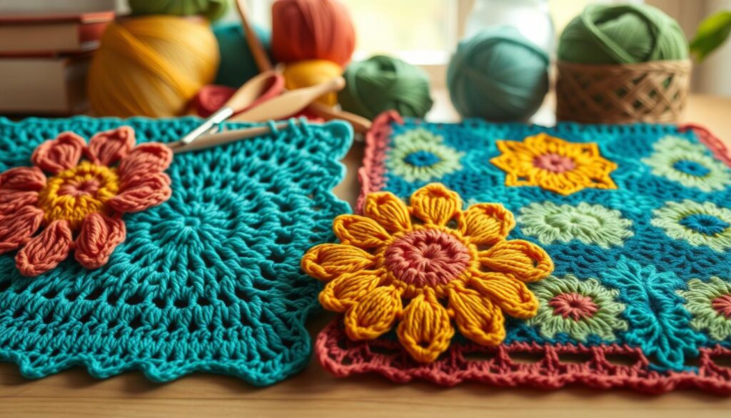 A visually striking image showcasing the contrast between overlay crochet and mosaic crochet techniques. In the foreground, feature a beautifully crafted overlay crochet piece with intricate floral patterns in vibrant hues of teal, coral, and mustard, showcasing the texture and depth of stitches. Next to it, display a stunning mosaic crochet swatch, featuring geometric shapes in a harmonious blend of blues and greens. The middle ground should include crochet hooks and skeins of yarn in complementary colors, creating a dynamic crafting scene. The background shows a softly blurred workspace with natural daylight streaming in, casting a warm glow over the colorful yarns. Capture an inviting, creative atmosphere that highlights the artistry of crochet while maintaining clarity and focus on the techniques. A visually striking image showcasing the contrast between overlay crochet and mosaic crochet techniques. In the foreground, feature a beautifully crafted overlay crochet piece with intricate floral patterns in vibrant hues of teal, coral, and mustard, showcasing the texture and depth of stitches. Next to it, display a stunning mosaic crochet swatch, featuring geometric shapes in a harmonious blend of blues and greens. The middle ground should include crochet hooks and skeins of yarn in complementary colors, creating a dynamic crafting scene. The background shows a softly blurred workspace with natural daylight streaming in, casting a warm glow over the colorful yarns. Capture an inviting, creative atmosphere that highlights the artistry of crochet while maintaining clarity and focus on the techniques.