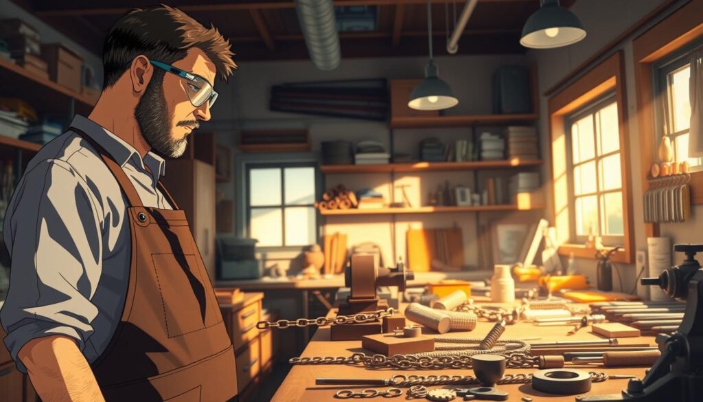 A well-lit workshop environment showcasing a detailed turning chain tutorial. In the foreground, a skilled artisan, dressed in an apron and safety goggles, is intently demonstrating the process of creating a chain, with tools like a lathe and calipers visible. In the middle ground, various materials and components for chain-making are neatly arranged on a workbench, highlighting different stages of the process. The background reveals shelves filled with various tools and equipment, casting soft shadows from overhead lights. Warm, natural light filters through a window, creating an inviting and focused atmosphere, emphasizing craftsmanship and attention to detail. The angle captures both the artisan's concentration and the intricacies of the project without distr<mark class=