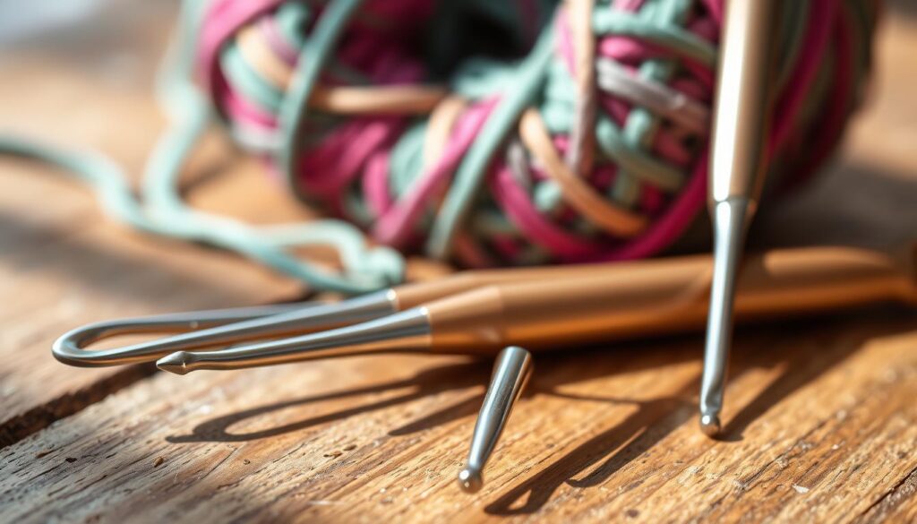 Aluminum crochet hooks arranged artistically on a textured wooden surface, showcasing their shiny metallic finish and ergonomic design. In the foreground, four hooks of varying sizes and shapes glisten under soft, diffused natural lighting, highlighting their smooth curves and comfortable grips. The middle ground features a blurred skein of vibrant yarn in the background, adding a touch of color and texture, complementing the metallic hues of the hooks. The overall atmosphere exudes a sense of craft and precision, inviting the viewer to explore the art of crochet. The shot is captured from a slightly elevated angle, creating depth and interest while focusing on the hooks. No text or other distractions appear in the image, ensuring a clean, professional look. Aluminum crochet hooks arranged artistically on a textured wooden surface, showcasing their shiny metallic finish and ergonomic design. In the foreground, four hooks of varying sizes and shapes glisten under soft, diffused natural lighting, highlighting their smooth curves and comfortable grips. The middle ground features a blurred skein of vibrant yarn in the background, adding a touch of color and texture, complementing the metallic hues of the hooks. The overall atmosphere exudes a sense of craft and precision, inviting the viewer to explore the art of crochet. The shot is captured from a slightly elevated angle, creating depth and interest while focusing on the hooks. No text or other distractions appear in the image, ensuring a clean, professional look.