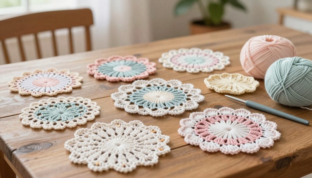 An array of delicate crochet lace swatches in soft pastel colors, showcasing intricate beginner-friendly stitches like shells and fans. In the foreground, the swatches are neatly arranged on a rustic wooden table, with a crochet hook and a skein of yarn in complementary colors beside them. The middle ground features a gentle, natural light illuminating the lace textures, highlighting their fine details and airy patterns. In the background, a blurred out homey craft space with a cozy chair and a potted plant suggests a creative atmosphere. The overall mood is warm and inviting, perfect for beginners eager to practice and explore their crochet skills. An array of delicate crochet lace swatches in soft pastel colors, showcasing intricate beginner-friendly stitches like shells and fans. In the foreground, the swatches are neatly arranged on a rustic wooden table, with a crochet hook and a skein of yarn in complementary colors beside them. The middle ground features a gentle, natural light illuminating the lace textures, highlighting their fine details and airy patterns. In the background, a blurred out homey craft space with a cozy chair and a potted plant suggests a creative atmosphere. The overall mood is warm and inviting, perfect for beginners eager to practice and explore their crochet skills.