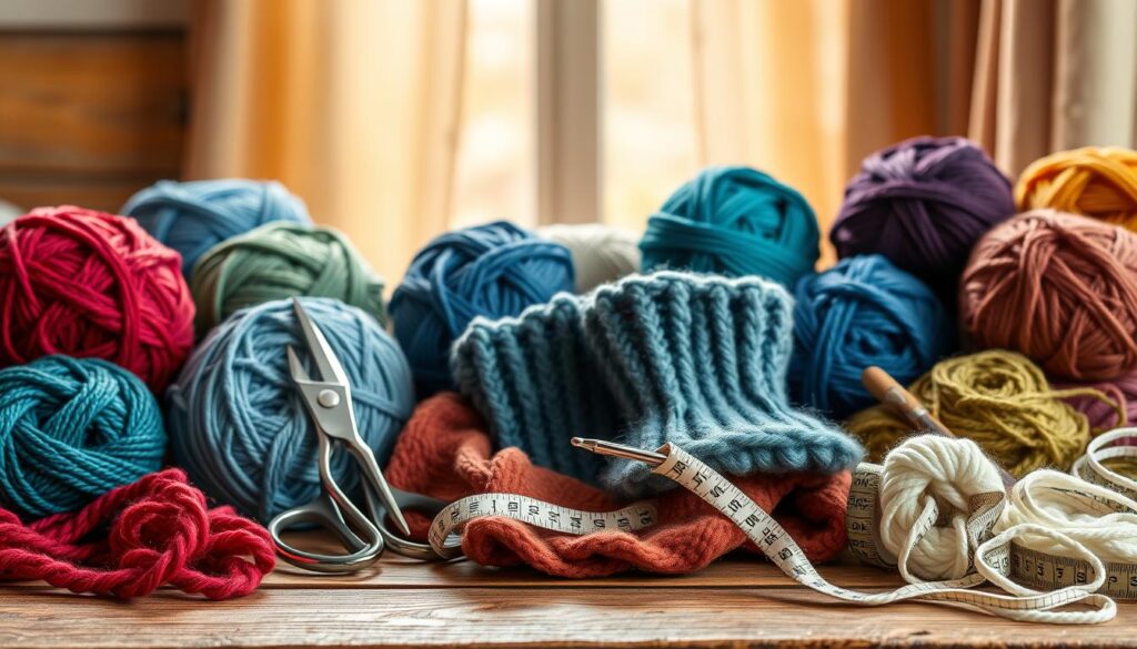 An artistic arrangement of various yarn types specifically for making wrist warmers, displayed on a rustic wooden table. In the foreground, colorful skeins of yarn in soft textures—wool, cotton, and acrylic—create a vibrant tapestry of colors, including deep red, soothing blue, and earthy green. Scissors, crochet hooks, and a measuring tape are artfully positioned among the yarns, showcasing essential tools for crafting. The middle ground features a soft focus of a crochet project, half-finished wrist warmers, giving depth to the scene. In the background, a softly blurred window curtain allows warm, natural light to filter through, creating a cozy, inviting atmosphere perfect for winter crafting. The composition emphasizes warmth and creativity, appealing to crochet enthusiasts. An artistic arrangement of various yarn types specifically for making wrist warmers, displayed on a rustic wooden table. In the foreground, colorful skeins of yarn in soft textures—wool, cotton, and acrylic—create a vibrant tapestry of colors, including deep red, soothing blue, and earthy green. Scissors, crochet hooks, and a measuring tape are artfully positioned among the yarns, showcasing essential tools for crafting. The middle ground features a soft focus of a crochet project, half-finished wrist warmers, giving depth to the scene. In the background, a softly blurred window curtain allows warm, natural light to filter through, creating a cozy, inviting atmosphere perfect for winter crafting. The composition emphasizes warmth and creativity, appealing to crochet enthusiasts.