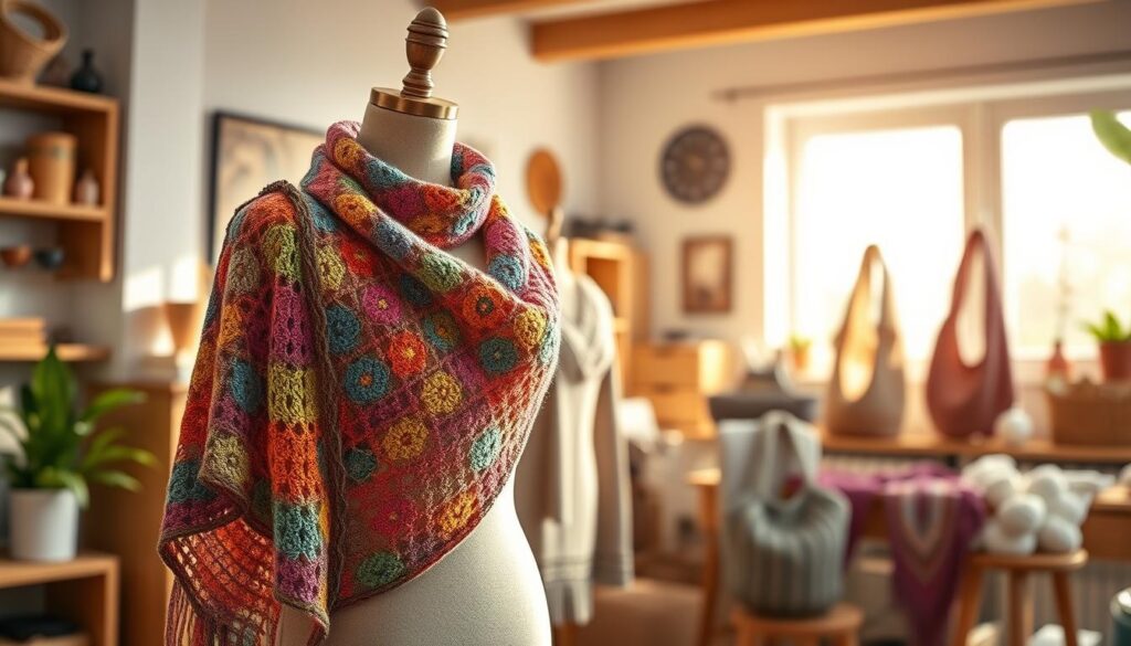 Create a beautifully composed image showcasing a variety of overlay crochet wearables and accessories. In the foreground, feature a colorful crochet shawl draped elegantly on a mannequin, showcasing intricate patterns and textures. Beside it, display a stylish crochet hat and matching scarf set, highlighting the versatility of overlay crochet techniques. In the middle ground, include knitted bags and statement jewelry pieces inspired by crochet patterns, emphasizing craftsmanship. The background should feature a softly lit craft studio with natural light streaming through a window, casting gentle shadows. Use a shallow depth of field to draw focus on the wearables while maintaining a warm, inviting atmosphere that reflects creativity and passion for crafting. Capture this scene from a slightly angled perspective to add depth and dimension. Create a beautifully composed image showcasing a variety of overlay crochet wearables and accessories. In the foreground, feature a colorful crochet shawl draped elegantly on a mannequin, showcasing intricate patterns and textures. Beside it, display a stylish crochet hat and matching scarf set, highlighting the versatility of overlay crochet techniques. In the middle ground, include knitted bags and statement jewelry pieces inspired by crochet patterns, emphasizing craftsmanship. The background should feature a softly lit craft studio with natural light streaming through a window, casting gentle shadows. Use a shallow depth of field to draw focus on the wearables while maintaining a warm, inviting atmosphere that reflects creativity and passion for crafting. Capture this scene from a slightly angled perspective to add depth and dimension.