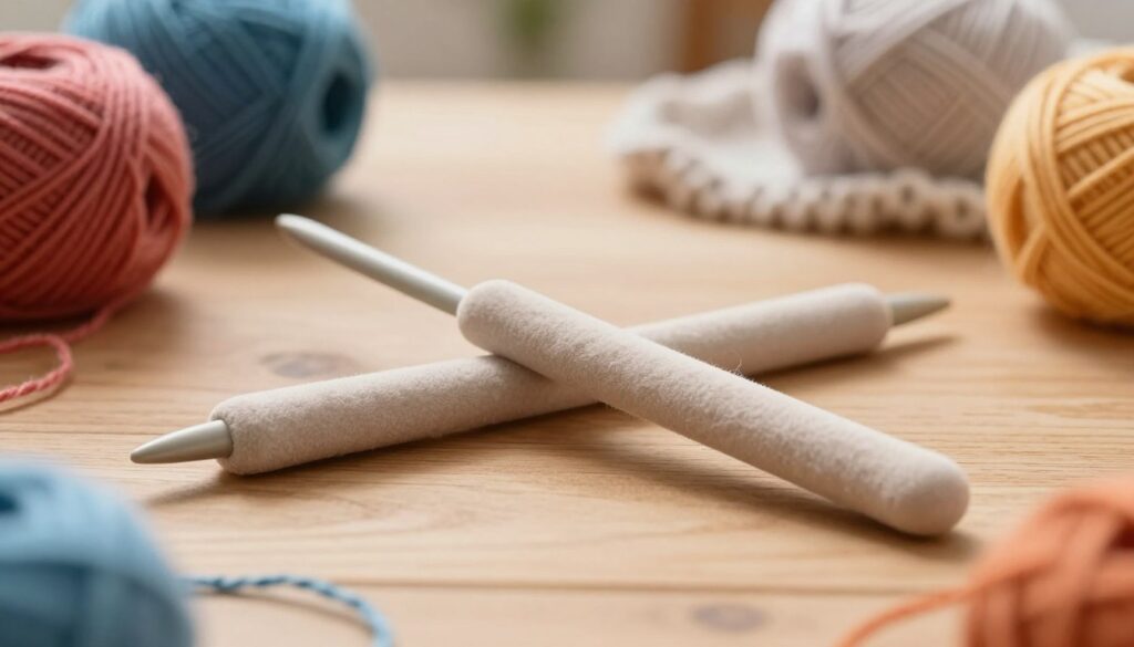 Soft, cushioned knitting needles elegantly positioned on a wooden table, highlighting their ergonomic features. The needles are surrounded by colorful skeins of yarn, creating a cozy atmosphere. In the foreground, the camera captures the soft texture of the cushioned grips, showcasing their potential comfort during long knitting sessions. The middle ground features a gentle play of light, casting warm hues over the scene. In the background, a blurred knitted project adds depth, enhancing the theme of relaxation and creativity. Utilize natural lighting with a slight bokeh effect to create a serene and inviting mood. The angle should focus on the needles to emphasize their unique design, conveying an atmosphere of artisanal craftsmanship and comfort. Soft, cushioned knitting needles elegantly positioned on a wooden table, highlighting their ergonomic features. The needles are surrounded by colorful skeins of yarn, creating a cozy atmosphere. In the foreground, the camera captures the soft texture of the cushioned grips, showcasing their potential comfort during long knitting sessions. The middle ground features a gentle play of light, casting warm hues over the scene. In the background, a blurred knitted project adds depth, enhancing the theme of relaxation and creativity. Utilize natural lighting with a slight bokeh effect to create a serene and inviting mood. The angle should focus on the needles to emphasize their unique design, conveying an atmosphere of artisanal craftsmanship and comfort.