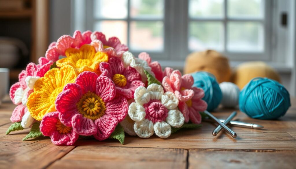 A beautifully arranged collection of clean crochet flowers, featuring a variety of colors and intricate patterns, displayed gracefully on a rustic wooden table. In the foreground, showcase vibrant flowers in shades of pink, yellow, and white, each with delicate details highlighting the craftsmanship of crochet stitches. The middle ground should include a few crochet hooks and balls of yarn in complementary colors, suggesting an inviting crafting atmosphere. In the background, a softly blurred window allows gentle natural light to illuminate the scene, enhancing the warmth and inviting feel of the image. Capture this serene moment from a slightly elevated angle, creating a cozy, clean aesthetic that reflects the care, maintenance, and storage of crochet flower creations. A beautifully arranged collection of clean crochet flowers, featuring a variety of colors and intricate patterns, displayed gracefully on a rustic wooden table. In the foreground, showcase vibrant flowers in shades of pink, yellow, and white, each with delicate details highlighting the craftsmanship of crochet stitches. The middle ground should include a few crochet hooks and balls of yarn in complementary colors, suggesting an inviting crafting atmosphere. In the background, a softly blurred window allows gentle natural light to illuminate the scene, enhancing the warmth and inviting feel of the image. Capture this serene moment from a slightly elevated angle, creating a cozy, clean aesthetic that reflects the care, maintenance, and storage of crochet flower creations.