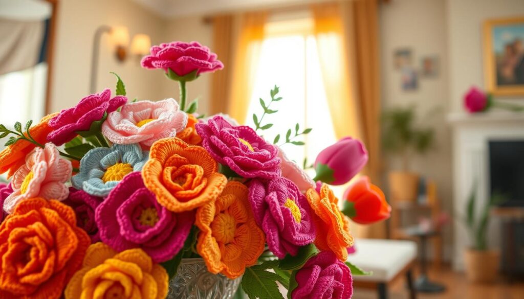 A beautifully arranged crochet flower bouquet in vibrant colors, featuring an assortment of crochet blooms such as roses, daisies, and tulips. The foreground showcases the intricate details of the crochet stitches, highlighting the texture and craftsmanship of each flower. In the middle ground, the bouquet is artfully presented in an elegant glass vase, with a few cascading greenery accents peeking through. The background softly blurs into a warm, welcoming home interior with natural light filtering through a nearby window, creating a serene and cozy atmosphere. Use soft, diffused lighting to enhance the colors and textures, capturing the essence of a handmade floral arrangement. The angle should slightly above the arrangement for a clear view, inviting the viewer to appreciate the creativity behind crochet flowers. A beautifully arranged crochet flower bouquet in vibrant colors, featuring an assortment of crochet blooms such as roses, daisies, and tulips. The foreground showcases the intricate details of the crochet stitches, highlighting the texture and craftsmanship of each flower. In the middle ground, the bouquet is artfully presented in an elegant glass vase, with a few cascading greenery accents peeking through. The background softly blurs into a warm, welcoming home interior with natural light filtering through a nearby window, creating a serene and cozy atmosphere. Use soft, diffused lighting to enhance the colors and textures, capturing the essence of a handmade floral arrangement. The angle should slightly above the arrangement for a clear view, inviting the viewer to appreciate the creativity behind crochet flowers.