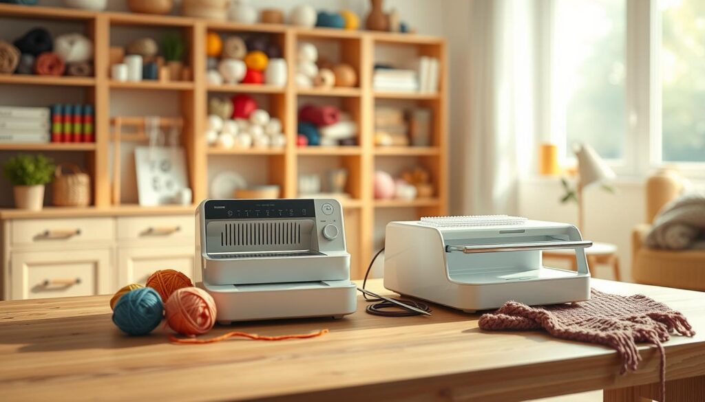 A beautifully arranged display of the best beginner-friendly knitting machine models showcased on a sleek wooden table. In the foreground, focus on two compact, modern knitting machines with colorful yarn spools of varying hues neatly placed beside them. The middle layer features a cozy, inviting workspace with cozy décor, including knitting accessories such as needles, patterns, and a project in progress. The background softly blurs a bright, sunlit room with shelves filled with neatly organized yarns and tools, enhancing the atmosphere of creativity and warmth. Soft, natural lighting filters through a window, creating a welcoming mood. The overall aesthetic is clean and engaging, appealing to aspiring knitters looking for the perfect machine to start their crafting journey. A beautifully arranged display of the best beginner-friendly knitting machine models showcased on a sleek wooden table. In the foreground, focus on two compact, modern knitting machines with colorful yarn spools of varying hues neatly placed beside them. The middle layer features a cozy, inviting workspace with cozy décor, including knitting accessories such as needles, patterns, and a project in progress. The background softly blurs a bright, sunlit room with shelves filled with neatly organized yarns and tools, enhancing the atmosphere of creativity and warmth. Soft, natural lighting filters through a window, creating a welcoming mood. The overall aesthetic is clean and engaging, appealing to aspiring knitters looking for the perfect machine to start their crafting journey.