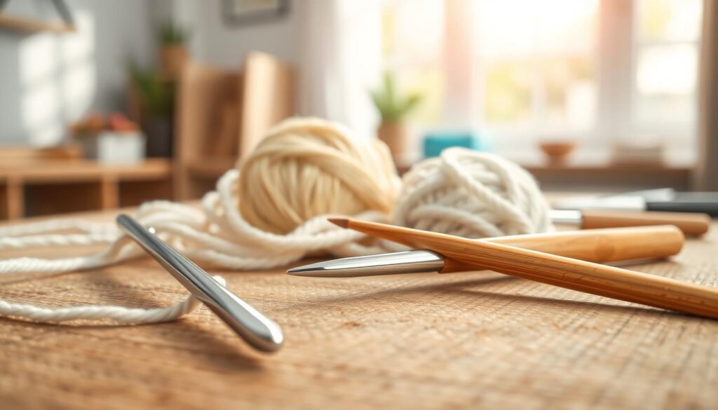 A beautifully arranged display of two crochet hooks on a textured crafting table. In the foreground, focus on an inline crochet hook, showcasing its straight shaft and smooth tip, contrasting with a tapered crochet hook that has a gradually narrowing tip. Each hook is made from a different material, one shiny aluminum and the other warm bamboo, emphasizing their differences. In the middle ground, soft yarn in soothing pastel colors is artfully draped around the hooks, highlighting the seamless connection between tool and craft. The background features a softly blurred workspace filled with natural light streaming through a window, creating a calm, inviting atmosphere. The scene conveys comfort and ease, perfect for crafting enthusiasts looking for arthritis-friendly tools. A beautifully arranged display of two crochet hooks on a textured crafting table. In the foreground, focus on an inline crochet hook, showcasing its straight shaft and smooth tip, contrasting with a tapered crochet hook that has a gradually narrowing tip. Each hook is made from a different material, one shiny aluminum and the other warm bamboo, emphasizing their differences. In the middle ground, soft yarn in soothing pastel colors is artfully draped around the hooks, highlighting the seamless connection between tool and craft. The background features a softly blurred workspace filled with natural light streaming through a window, creating a calm, inviting atmosphere. The scene conveys comfort and ease, perfect for crafting enthusiasts looking for arthritis-friendly tools.