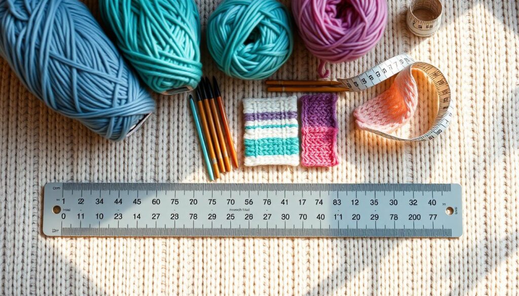 A beautifully arranged flat lay of a swatch ruler alongside various knitting tools, including colorful yarn skeins and a measuring tape. The swatch ruler should be prominently displayed in the foreground, showing clear markings in both metric and imperial units. In the middle ground, an assortment of knitting needles, a gauge tool, and small swatches of knitted fabric can be seen, showcasing different patterns and textures. The background features a soft, knitted fabric surface in pastel tones that adds warmth to the scene. Natural light filters softly from the left, creating gentle shadows and highlighting the textures. The mood is creative and inviting, emphasizing the joy of knitting and crafting. A beautifully arranged flat lay of a swatch ruler alongside various knitting tools, including colorful yarn skeins and a measuring tape. The swatch ruler should be prominently displayed in the foreground, showing clear markings in both metric and imperial units. In the middle ground, an assortment of knitting needles, a gauge tool, and small swatches of knitted fabric can be seen, showcasing different patterns and textures. The background features a soft, knitted fabric surface in pastel tones that adds warmth to the scene. Natural light filters softly from the left, creating gentle shadows and highlighting the textures. The mood is creative and inviting, emphasizing the joy of knitting and crafting.