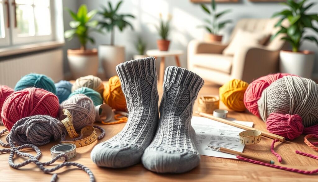 A beautifully arranged flat lay of colorful yarn balls and circular knitting needles, prominently featuring a pair of German twisted cast-on socks in the foreground, showcasing intricate textured stitches. The socks are positioned alongside a knitting pattern and a set of helpful tools like a measuring tape and stitch markers. In the middle ground, a softly focused wooden table adds warmth, while natural light from a nearby window casts gentle highlights, creating a cozy, inviting atmosphere. The background features blurred potted plants and a hint of a comfy armchair, emphasizing a homey knitting corner. The overall mood is inspiring and nurturing, perfect for beginners eager to learn the art of sock knitting. A beautifully arranged flat lay of colorful yarn balls and circular knitting needles, prominently featuring a pair of German twisted cast-on socks in the foreground, showcasing intricate textured stitches. The socks are positioned alongside a knitting pattern and a set of helpful tools like a measuring tape and stitch markers. In the middle ground, a softly focused wooden table adds warmth, while natural light from a nearby window casts gentle highlights, creating a cozy, inviting atmosphere. The background features blurred potted plants and a hint of a comfy armchair, emphasizing a homey knitting corner. The overall mood is inspiring and nurturing, perfect for beginners eager to learn the art of sock knitting.