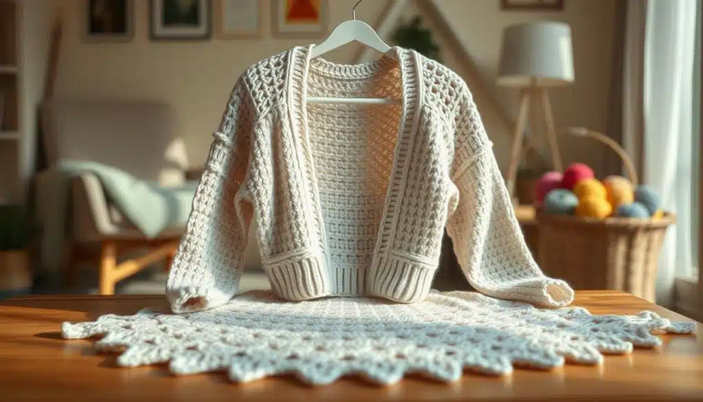 A beautifully crafted top-down raglan crochet sweater showcased on a wooden table. The foreground features the intricate crochet work in soft, pastel yarns, emphasizing the delicate stitches and textured patterns. In the middle, a partially completed sweater drapes elegantly, revealing the unique raglan construction method. Focus on natural lighting that creates soft shadows and highlights the yarn's colors, giving a cozy, inviting feel. The background features a blurred, warm-toned room with a cozy armchair and a small basket filled with colorful yarn balls, adding to the artistic ambience. The overall mood is relaxed and inspiring, perfect for showcasing modern crochet techniques. A beautifully crafted top-down raglan crochet sweater showcased on a wooden table. The foreground features the intricate crochet work in soft, pastel yarns, emphasizing the delicate stitches and textured patterns. In the middle, a partially completed sweater drapes elegantly, revealing the unique raglan construction method. Focus on natural lighting that creates soft shadows and highlights the yarn's colors, giving a cozy, inviting feel. The background features a blurred, warm-toned room with a cozy armchair and a small basket filled with colorful yarn balls, adding to the artistic ambience. The overall mood is relaxed and inspiring, perfect for showcasing modern crochet techniques.