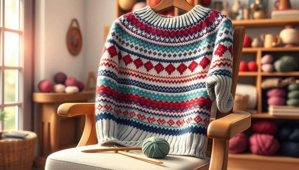 A beautifully knitted Fair Isle garment that showcases the jogless technique, intricately designed with vibrant colors and patterns. In the foreground, display the garment draped elegantly over a cozy wooden chair, with detailed stitch patterns clearly visible. In the middle ground, include a pair of knitting needles and a ball of contrasting yarn, enhancing the knitting theme. The background features a softly lit, inviting knitting corner with shelves stacked with various yarns in rich textures and hues. Natural light spills in through a nearby window, creating a warm and creative atmosphere. The scene conveys a sense of craftsmanship and attention to detail, perfect for inspiring knitters to elevate their skills. A beautifully knitted Fair Isle garment that showcases the jogless technique, intricately designed with vibrant colors and patterns. In the foreground, display the garment draped elegantly over a cozy wooden chair, with detailed stitch patterns clearly visible. In the middle ground, include a pair of knitting needles and a ball of contrasting yarn, enhancing the knitting theme. The background features a softly lit, inviting knitting corner with shelves stacked with various yarns in rich textures and hues. Natural light spills in through a nearby window, creating a warm and creative atmosphere. The scene conveys a sense of craftsmanship and attention to detail, perfect for inspiring knitters to elevate their skills.