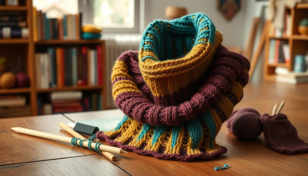 A beautifully knitted Rhinebeck Cowl displayed prominently in the foreground, showcasing intricate stranded colorwork techniques with vibrant hues of teal, mustard yellow, and deep burgundy. The cowl is draped elegantly over a rustic wooden table, with soft natural light illuminating the textures of the yarn. In the middle ground, a cozy knitting setup features a pair of bamboo knitting needles and a partially finished knitted swatch, adding to the atmosphere of creation. The background features a softly blurred scene of a warm, inviting room with a handcrafted bookshelf filled with knitting books and skeins of colorful yarn. The overall mood is warm and inviting, inspiring creativity and a sense of accomplishment in knitting. The camera angle is slightly elevated, creating depth while focusing on the cowl as the centerpiece. No text or watermarks are present, ensuring a clean, professional image. A beautifully knitted Rhinebeck Cowl displayed prominently in the foreground, showcasing intricate stranded colorwork techniques with vibrant hues of teal, mustard yellow, and deep burgundy. The cowl is draped elegantly over a rustic wooden table, with soft natural light illuminating the textures of the yarn. In the middle ground, a cozy knitting setup features a pair of bamboo knitting needles and a partially finished knitted swatch, adding to the atmosphere of creation. The background features a softly blurred scene of a warm, inviting room with a handcrafted bookshelf filled with knitting books and skeins of colorful yarn. The overall mood is warm and inviting, inspiring creativity and a sense of accomplishment in knitting. The camera angle is slightly elevated, creating depth while focusing on the cowl as the centerpiece. No text or watermarks are present, ensuring a clean, professional image.