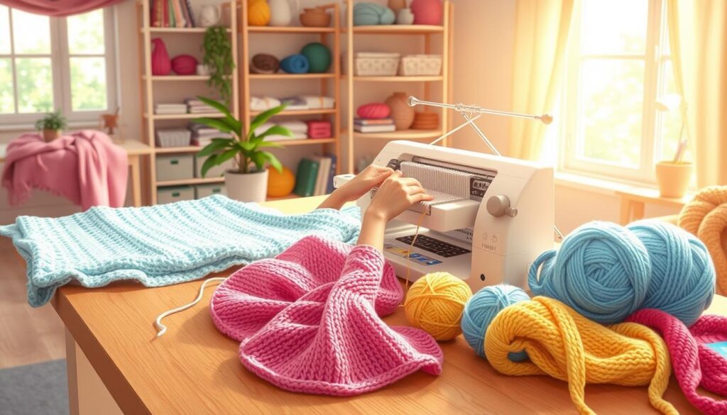 A bright, inviting scene showcasing a cozy knitting space, filled with beginner machine knitting projects. In the foreground, a beautifully crafted knitting machine sits on a wooden table, with vibrant yarn in soft pastels – pinks, blues, and yellows – carefully arranged around it. To the left, a completed small blanket and a set of colorful hats and scarves lay spread out, showcasing easy patterns. In the middle, a pair of hands, depicted in modest casual attire, gently works the machine, conveying a sense of focus and joy. The background features a warm, sunlit room with shelves of knitting supplies and a potted plant adding a touch of greenery. Soft, natural light filters in through a window, creating a welcoming atmosphere of creativity and learning. A bright, inviting scene showcasing a cozy knitting space, filled with beginner machine knitting projects. In the foreground, a beautifully crafted knitting machine sits on a wooden table, with vibrant yarn in soft pastels – pinks, blues, and yellows – carefully arranged around it. To the left, a completed small blanket and a set of colorful hats and scarves lay spread out, showcasing easy patterns. In the middle, a pair of hands, depicted in modest casual attire, gently works the machine, conveying a sense of focus and joy. The background features a warm, sunlit room with shelves of knitting supplies and a potted plant adding a touch of greenery. Soft, natural light filters in through a window, creating a welcoming atmosphere of creativity and learning.
