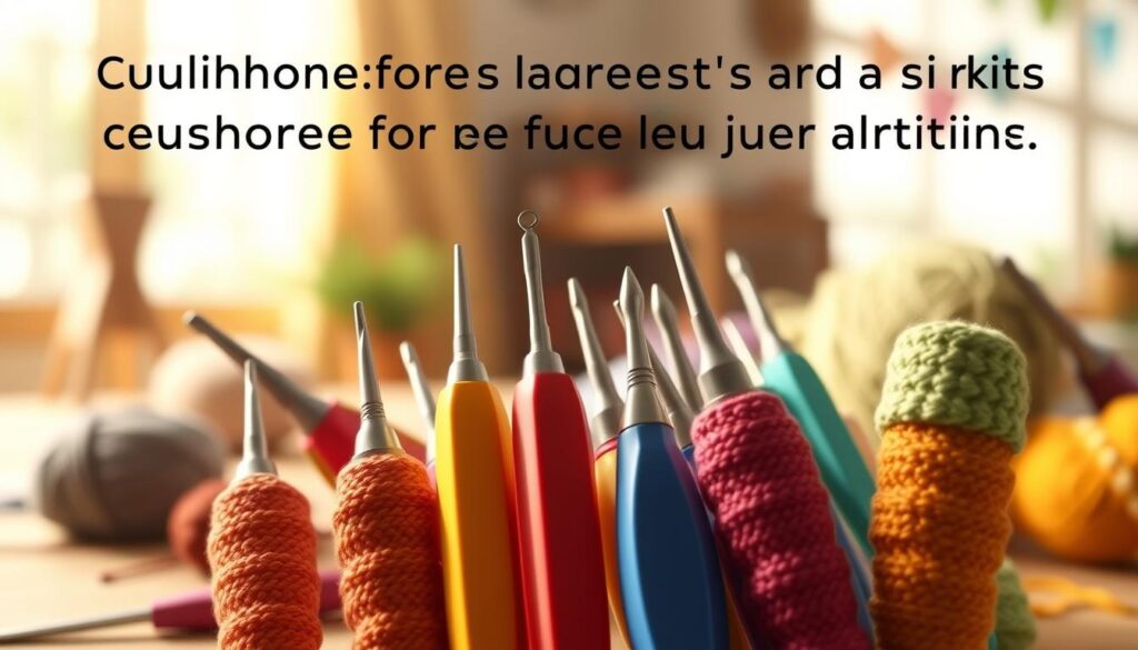 A close-up image of cushioned grips tailored for crochet tools, highlighting their ergonomic design. In the foreground, showcase a variety of colorful crochet hooks with thick, soft grips that emphasize comfort and ease of use. The middle layer features a softly blurred crafting workspace, including yarn and a partially-completed project, creating a sense of engagement in a crocheting environment. The background has a warm, inviting atmosphere with natural light filtering in through a window, casting gentle shadows and creating a cozy ambiance. The focus should be on the comfort and practicality of these accessories, evoking a sense of accessibility and friendliness for crafters with arthritis. The image should have a shallow depth of field to draw attention to the details of the cushioned grips and crochet tools. A close-up image of cushioned grips tailored for crochet tools, highlighting their ergonomic design. In the foreground, showcase a variety of colorful crochet hooks with thick, soft grips that emphasize comfort and ease of use. The middle layer features a softly blurred crafting workspace, including yarn and a partially-completed project, creating a sense of engagement in a crocheting environment. The background has a warm, inviting atmosphere with natural light filtering in through a window, casting gentle shadows and creating a cozy ambiance. The focus should be on the comfort and practicality of these accessories, evoking a sense of accessibility and friendliness for crafters with arthritis. The image should have a shallow depth of field to draw attention to the details of the cushioned grips and crochet tools.