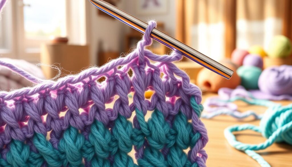 A close-up of a crochet project showcasing both front loop and back loop stitches intricately worked together. The foreground highlights vibrant yarn in shades of teal and lavender, with a crochet hook poised above the stitches, glinting softly in the light. In the middle, the stitches exhibit a clear distinction between front and back loops, illustrating their importance in achieving cleaner decreases in the pattern. The background features a softly blurred crafting environment, including a cozy workspace with a warm wooden table, scattered yarn balls, and a gentle sunlight streaming through a window, creating a serene, inviting atmosphere. The image should evoke a sense of craftsmanship and creativity, focusing on the intricacies of crochet techniques. A close-up of a crochet project showcasing both front loop and back loop stitches intricately worked together. The foreground highlights vibrant yarn in shades of teal and lavender, with a crochet hook poised above the stitches, glinting softly in the light. In the middle, the stitches exhibit a clear distinction between front and back loops, illustrating their importance in achieving cleaner decreases in the pattern. The background features a softly blurred crafting environment, including a cozy workspace with a warm wooden table, scattered yarn balls, and a gentle sunlight streaming through a window, creating a serene, inviting atmosphere. The image should evoke a sense of craftsmanship and creativity, focusing on the intricacies of crochet techniques.