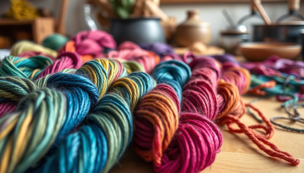 A close-up of an array of hand-dyed yarn skeins, showcasing a vibrant spectrum of colors and textures. In the foreground, display several skeins in various shades, with rich, deep hues of blues, greens, and earthy tones intertwined. The middle ground features a soft wooden table, highlighting the artisanal aspect of the yarn. In the background, softly blurred, include tools like dye pots and natural dyeing materials, creating a workshop ambiance. Use warm, diffused lighting to evoke a cozy, inviting atmosphere, with a focus on the intricate details of the yarn fibers. Capture the essence of creativity and craftsmanship in this inviting yarn scene, perfect for illustrating the beauty and variety of hand-dyed fibers. A close-up of an array of hand-dyed yarn skeins, showcasing a vibrant spectrum of colors and textures. In the foreground, display several skeins in various shades, with rich, deep hues of blues, greens, and earthy tones intertwined. The middle ground features a soft wooden table, highlighting the artisanal aspect of the yarn. In the background, softly blurred, include tools like dye pots and natural dyeing materials, creating a workshop ambiance. Use warm, diffused lighting to evoke a cozy, inviting atmosphere, with a focus on the intricate details of the yarn fibers. Capture the essence of creativity and craftsmanship in this inviting yarn scene, perfect for illustrating the beauty and variety of hand-dyed fibers.