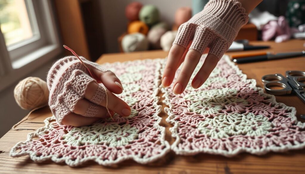 A close-up scene showcasing two crochet panels being expertly seamed together, placed on a wooden crafting table. The foreground features a pair of skilled hands, wearing elegant but modest fingerless gloves, gently guiding a needle and thread through the yarn. In the middle, the colorful crochet panels display intricate patterns in soft pastel hues, highlighting the texture and craftsmanship. The background is softly blurred with hints of crochet supplies, like skeins of yarn and scissors, creating a warm, inviting atmosphere. Natural light filters through a nearby window, casting a gentle glow over the scene, enhancing the cozy yet professional ambiance as the focus remains on the seaming process. A close-up scene showcasing two crochet panels being expertly seamed together, placed on a wooden crafting table. The foreground features a pair of skilled hands, wearing elegant but modest fingerless gloves, gently guiding a needle and thread through the yarn. In the middle, the colorful crochet panels display intricate patterns in soft pastel hues, highlighting the texture and craftsmanship. The background is softly blurred with hints of crochet supplies, like skeins of yarn and scissors, creating a warm, inviting atmosphere. Natural light filters through a nearby window, casting a gentle glow over the scene, enhancing the cozy yet professional ambiance as the focus remains on the seaming process.