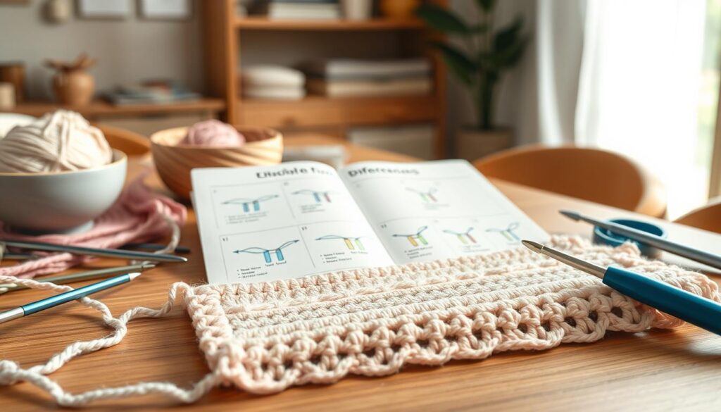 A close-up tabletop scene showcasing a crochet project showcasing the concept of “invisible decrease” techniques. In the foreground, a partially completed crocheted piece in soft pastel yarns lies among crochet hooks and a yarn bowl. Visible stitches exhibit both correct and incorrect techniques, subtly highlighting common mistakes. In the middle ground, a handy step-by-step guide illustrated through diagrammatic crochet stitches lays open, clearly showing the difference between proper and flawed decreases, crafted in an artistic manner. The background should be softly blurred, featuring a well-lit, cozy crafting environment with natural light streaming in through a nearby window, creating a warm and inviting atmosphere. The overall mood conveys a sense of focus and creativity, perfect for crochet enthusiasts eager to refine their skills. A close-up tabletop scene showcasing a crochet project showcasing the concept of “invisible decrease” techniques. In the foreground, a partially completed crocheted piece in soft pastel yarns lies among crochet hooks and a yarn bowl. Visible stitches exhibit both correct and incorrect techniques, subtly highlighting common mistakes. In the middle ground, a handy step-by-step guide illustrated through diagrammatic crochet stitches lays open, clearly showing the difference between proper and flawed decreases, crafted in an artistic manner. The background should be softly blurred, featuring a well-lit, cozy crafting environment with natural light streaming in through a nearby window, creating a warm and inviting atmosphere. The overall mood conveys a sense of focus and creativity, perfect for crochet enthusiasts eager to refine their skills.