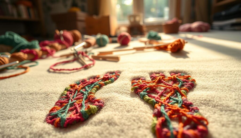 A close-up view capturing intricate fabric footprints imprinted on a soft, textured surface. The footprints should be composed of various colorful yarns and fibers, showcasing a rich tapestry of stitches, knots, and patterns symbolizing quiet activism. The foreground features the vibrant threads and textures of the footprints, while the middle ground showcases a blurred assortment of knitting needles and partially completed projects, hinting at creative endeavors. In the background, softly diffused natural light filters through a window, casting warm shadows that evoke a cozy atmosphere. The scene should convey a sense of calm and purpose, inviting viewers to reflect on the impact of crafting as a form of activism. The composition should be photographed from a slightly elevated angle to highlight the stunning details in the fabric. A close-up view capturing intricate fabric footprints imprinted on a soft, textured surface. The footprints should be composed of various colorful yarns and fibers, showcasing a rich tapestry of stitches, knots, and patterns symbolizing quiet activism. The foreground features the vibrant threads and textures of the footprints, while the middle ground showcases a blurred assortment of knitting needles and partially completed projects, hinting at creative endeavors. In the background, softly diffused natural light filters through a window, casting warm shadows that evoke a cozy atmosphere. The scene should convey a sense of calm and purpose, inviting viewers to reflect on the impact of crafting as a form of activism. The composition should be photographed from a slightly elevated angle to highlight the stunning details in the fabric.