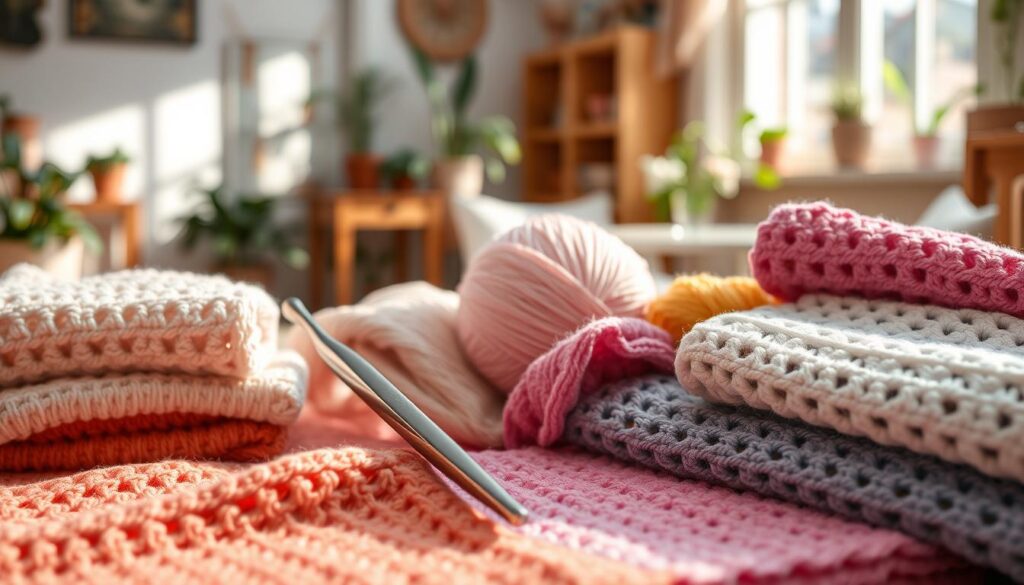 A close-up view of a beautifully arranged assortment of various textured washcloths, showcasing intricate crochet patterns. The foreground features colorful, neatly folded washcloths made from soft cotton yarn in pastel shades, with delicate stitches highlighted. In the middle, a pair of crochet hooks rests beside a few skeins of yarn, inviting the viewer into the craft. The background blurs softly to reveal a cozy, sunlit room with wooden furniture and plants, creating an inviting atmosphere. Natural light filters through a nearby window, casting gentle shadows and enhancing the texture of the fabrics, evoking a sense of warmth and creativity. The overall mood is cheerful and inspiring, perfect for anyone looking to master their crochet skills. A close-up view of a beautifully arranged assortment of various textured washcloths, showcasing intricate crochet patterns. The foreground features colorful, neatly folded washcloths made from soft cotton yarn in pastel shades, with delicate stitches highlighted. In the middle, a pair of crochet hooks rests beside a few skeins of yarn, inviting the viewer into the craft. The background blurs softly to reveal a cozy, sunlit room with wooden furniture and plants, creating an inviting atmosphere. Natural light filters through a nearby window, casting gentle shadows and enhancing the texture of the fabrics, evoking a sense of warmth and creativity. The overall mood is cheerful and inspiring, perfect for anyone looking to master their crochet skills.