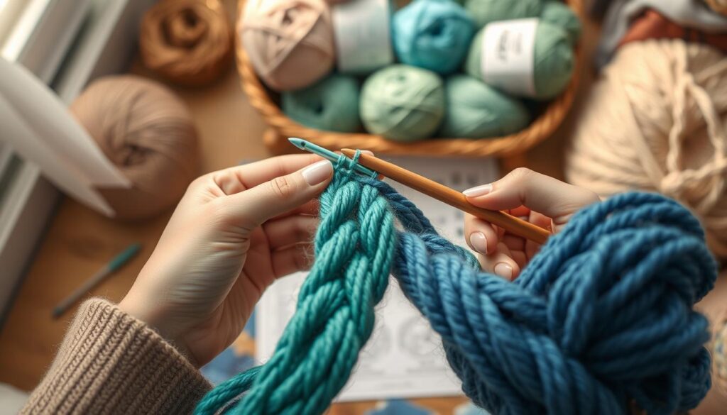A close-up view of a cozy crochet workspace featuring a pair of hands skillfully holding two vibrant skeins of yarn double for a crochet project. The foreground displays the textured fibers of the yarn in rich tones of blue and green, intertwined artistically. In the middle ground, a wooden crochet hook is positioned beside an elegant crochet pattern sheet, showcasing intricate stitches. The background features soft, blurred images of more yarn skeins neatly organized in a basket, enhancing the atmosphere of creativity. Warm, natural lighting illuminates the scene, creating a welcoming and inspiring mood. A slight overhead angle captures the essence of the crafting process, inviting viewers to immerse themselves in the art of crochet. A close-up view of a cozy crochet workspace featuring a pair of hands skillfully holding two vibrant skeins of yarn double for a crochet project. The foreground displays the textured fibers of the yarn in rich tones of blue and green, intertwined artistically. In the middle ground, a wooden crochet hook is positioned beside an elegant crochet pattern sheet, showcasing intricate stitches. The background features soft, blurred images of more yarn skeins neatly organized in a basket, enhancing the atmosphere of creativity. Warm, natural lighting illuminates the scene, creating a welcoming and inspiring mood. A slight overhead angle captures the essence of the crafting process, inviting viewers to immerse themselves in the art of crochet.
