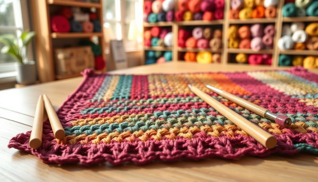 A close-up view of a crochet gauge swatch spread out flat on a wooden table, showcasing a variety of stitches and textures. The swatch is vibrant with a blend of rich yarn colors, each representing different types of yarn and their respective gauge measurements. Include a set of bamboo crochet hooks in various sizes beside the swatch, highlighting the craft tools. Soft, natural lighting filters in from a nearby window, casting gentle shadows that enhance the texture of the yarn. In the background, slightly blurred, there are skeins of yarn in a rainbow of colors neatly arranged on shelves, creating an inviting and creative atmosphere. The overall mood is warm, inspirational, and focused on the art of crochet. A close-up view of a crochet gauge swatch spread out flat on a wooden table, showcasing a variety of stitches and textures. The swatch is vibrant with a blend of rich yarn colors, each representing different types of yarn and their respective gauge measurements. Include a set of bamboo crochet hooks in various sizes beside the swatch, highlighting the craft tools. Soft, natural lighting filters in from a nearby window, casting gentle shadows that enhance the texture of the yarn. In the background, slightly blurred, there are skeins of yarn in a rainbow of colors neatly arranged on shelves, creating an inviting and creative atmosphere. The overall mood is warm, inspirational, and focused on the art of crochet.