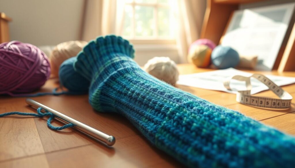 A close-up view of a pair of knitted socks on a wooden table, showcasing the sock gusset decreases in detail. In the foreground, focus on a partially completed sock with vibrant yarn in shades of blue and green, highlighting the neat decreases along the sides. Tools like a set of knitting needles and a measuring tape are subtly included to provide context. The middle ground features a cozy, softly lit knitting environment with yarn balls and a knitting pattern sheet subtly blurred, enhancing the focus on the sock. Natural light filters through a nearby window, casting gentle shadows and creating a warm, inviting atmosphere. The overall mood is creative and instructional, ideal for a beginner knitter's guide. A close-up view of a pair of knitted socks on a wooden table, showcasing the sock gusset decreases in detail. In the foreground, focus on a partially completed sock with vibrant yarn in shades of blue and green, highlighting the neat decreases along the sides. Tools like a set of knitting needles and a measuring tape are subtly included to provide context. The middle ground features a cozy, softly lit knitting environment with yarn balls and a knitting pattern sheet subtly blurred, enhancing the focus on the sock. Natural light filters through a nearby window, casting gentle shadows and creating a warm, inviting atmosphere. The overall mood is creative and instructional, ideal for a beginner knitter's guide.