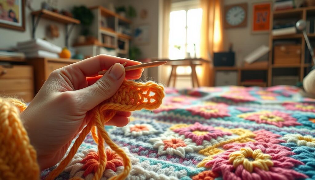 A close-up view of an expert crocheter demonstrating the "chainless starting double crochet" technique, showcasing the intricate yarn work with vibrant, textured threads. The foreground features a pair of hands gracefully maneuvering soft, colorful yarn, highlighting the delicate stitches. The middle layer reveals a partially completed crochet blanket with modern patterns and bright hues, capturing the detail and craftsmanship. In the background, a cozy, well-lit workspace is present, adorned with crochet supplies and a hint of natural light streaming through a window, creating a warm and inviting atmosphere. The scene conveys a sense of creativity and tranquility, focusing on the artistry of crochet. A close-up view of an expert crocheter demonstrating the "chainless starting double crochet" technique, showcasing the intricate yarn work with vibrant, textured threads. The foreground features a pair of hands gracefully maneuvering soft, colorful yarn, highlighting the delicate stitches. The middle layer reveals a partially completed crochet blanket with modern patterns and bright hues, capturing the detail and craftsmanship. In the background, a cozy, well-lit workspace is present, adorned with crochet supplies and a hint of natural light streaming through a window, creating a warm and inviting atmosphere. The scene conveys a sense of creativity and tranquility, focusing on the artistry of crochet.