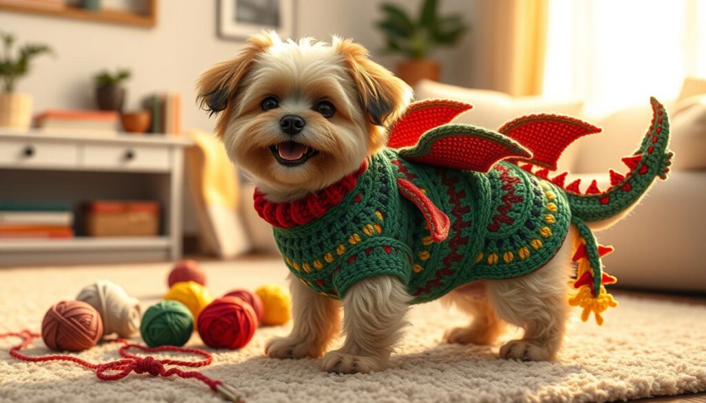 A cozy and stylish dragon-themed sweater designed for a small to medium-sized dog, featuring intricate crochet patterns that showcase vibrant colors, like deep greens, brilliant reds, and golden yellows. The sweater should have playful dragon wing accents on the sides and an adorable tail fin at the back, giving it a whimsical touch. The foreground includes a fluffy, cheerful dog happily posing while wearing the sweater, with its fur contrasting nicely against the colorful crochet. In the middle, various crochet yarn balls scattered around hint at the crafting process. The background features a soft, warm living room setting with a cozy rug and gentle sunlight pouring through the window, creating a warm and inviting atmosphere that emphasizes the warmth and comfort of the sweater. Bright and vivid lighting highlights the textures of the crochet work. A cozy and stylish dragon-themed sweater designed for a small to medium-sized dog, featuring intricate crochet patterns that showcase vibrant colors, like deep greens, brilliant reds, and golden yellows. The sweater should have playful dragon wing accents on the sides and an adorable tail fin at the back, giving it a whimsical touch. The foreground includes a fluffy, cheerful dog happily posing while wearing the sweater, with its fur contrasting nicely against the colorful crochet. In the middle, various crochet yarn balls scattered around hint at the crafting process. The background features a soft, warm living room setting with a cozy rug and gentle sunlight pouring through the window, creating a warm and inviting atmosphere that emphasizes the warmth and comfort of the sweater. Bright and vivid lighting highlights the textures of the crochet work.