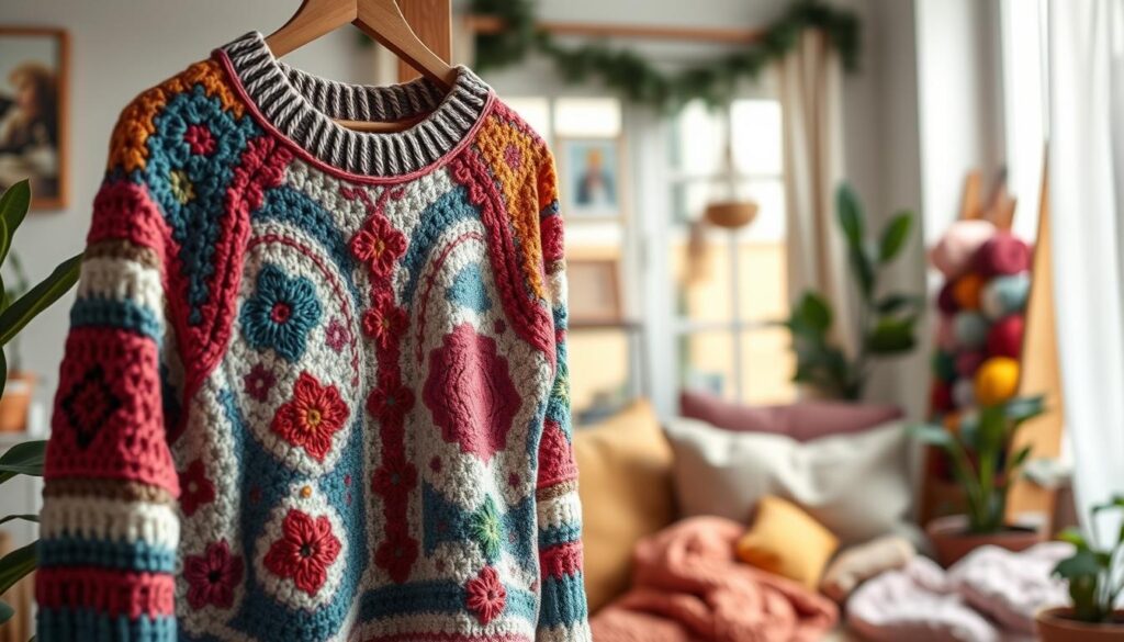 A cozy, customized crochet sweater hangs elegantly on a rustic wooden hanger, showcasing an array of vibrant colors and intricate patterns. The foreground features the sweater draped slightly off the hanger, revealing unique stitching and personalized embellishments like embroidered patches. In the middle ground, a soft, natural light filters through a window, illuminating a comfortable crafting corner filled with yarn balls in various hues and crochet hooks arranged neatly. The background includes a subtle blur of plush pillows and plants, enhancing the warm and inviting atmosphere. The overall mood conveys creativity and comfort, emphasizing the joy of personalizing handmade fashion. The composition is captured from a slightly elevated angle to offer a comprehensive view of the sweater's details and the crafting environment. A cozy, customized crochet sweater hangs elegantly on a rustic wooden hanger, showcasing an array of vibrant colors and intricate patterns. The foreground features the sweater draped slightly off the hanger, revealing unique stitching and personalized embellishments like embroidered patches. In the middle ground, a soft, natural light filters through a window, illuminating a comfortable crafting corner filled with yarn balls in various hues and crochet hooks arranged neatly. The background includes a subtle blur of plush pillows and plants, enhancing the warm and inviting atmosphere. The overall mood conveys creativity and comfort, emphasizing the joy of personalizing handmade fashion. The composition is captured from a slightly elevated angle to offer a comprehensive view of the sweater's details and the crafting environment.