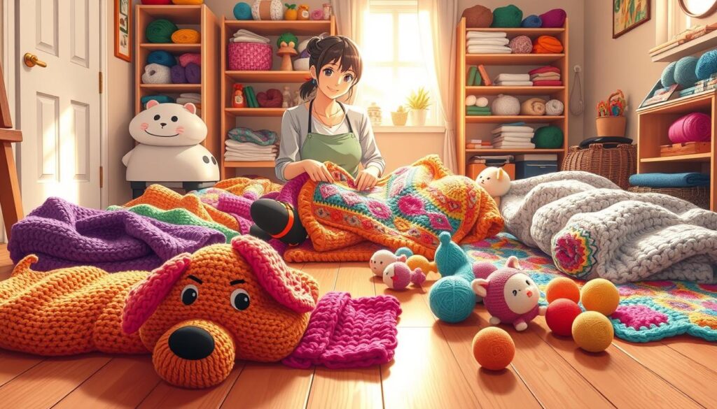 A cozy indoor scene showcasing colorful crocheted pet blankets and toys spread on a warm wooden floor. In the foreground, a soft, knitted dog blanket in vibrant hues, with plush cat toys nearby. In the middle, a cheerful volunteer, wearing casual clothing, is carefully folding a hand-crocheted blanket while surrounded by other finished items, all made from upcycled yarn. Light streams through a nearby window, casting a warm glow over the scene, enhancing the inviting atmosphere. In the background, shelves filled with yarn and other crafting supplies, creating a sense of a dedicated crafting space for shelter animals. The overall mood is warm, compassionate, and community-driven, perfect for highlighting pet-friendly crochet projects. A cozy indoor scene showcasing colorful crocheted pet blankets and toys spread on a warm wooden floor. In the foreground, a soft, knitted dog blanket in vibrant hues, with plush cat toys nearby. In the middle, a cheerful volunteer, wearing casual clothing, is carefully folding a hand-crocheted blanket while surrounded by other finished items, all made from upcycled yarn. Light streams through a nearby window, casting a warm glow over the scene, enhancing the inviting atmosphere. In the background, shelves filled with yarn and other crafting supplies, creating a sense of a dedicated crafting space for shelter animals. The overall mood is warm, compassionate, and community-driven, perfect for highlighting pet-friendly crochet projects.