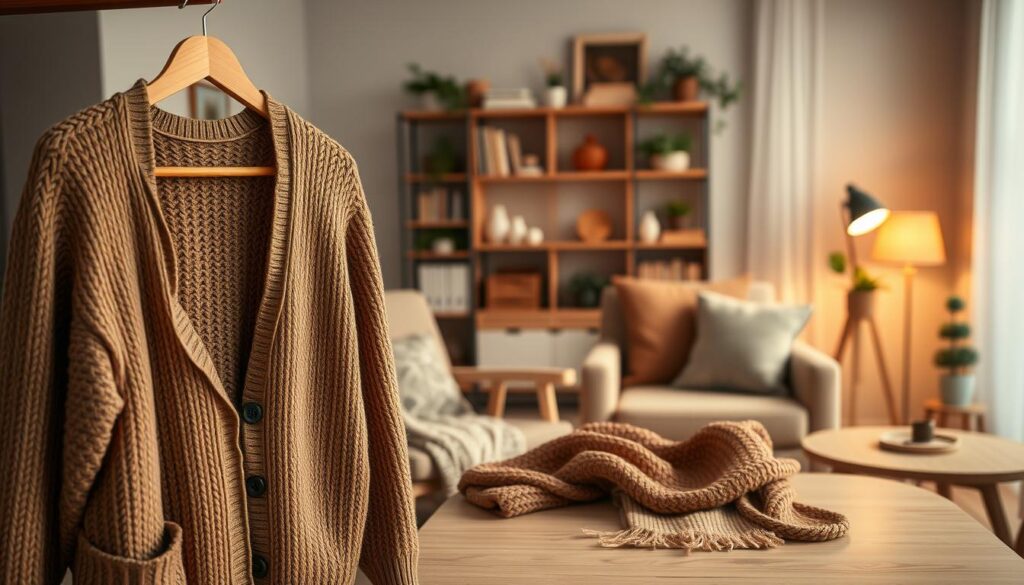 A cozy, inviting scene featuring everyday knit staples—a beautifully textured cardigan and a classic crew-neck sweater. In the foreground, the cardigan hangs gracefully on a wooden hanger, its soft yarn in warm earth tones, complemented by a rich knit crew-neck lying casually on a light-toned wooden table. In the middle ground, a cozy, styled armchair adorned with a knitted throw blanket and a few decorative pillows adds to the atmosphere of comfort. The background features a softly lit, modern living space with warm ambient lighting, showcasing a bookshelf filled with cozy accessories and plants. The overall mood is warm and inviting, emphasizing the theme of comfort and style, captured with a soft focus using a 50mm lens for a gentle bokeh effect. A cozy, inviting scene featuring everyday knit staples—a beautifully textured cardigan and a classic crew-neck sweater. In the foreground, the cardigan hangs gracefully on a wooden hanger, its soft yarn in warm earth tones, complemented by a rich knit crew-neck lying casually on a light-toned wooden table. In the middle ground, a cozy, styled armchair adorned with a knitted throw blanket and a few decorative pillows adds to the atmosphere of comfort. The background features a softly lit, modern living space with warm ambient lighting, showcasing a bookshelf filled with cozy accessories and plants. The overall mood is warm and inviting, emphasizing the theme of comfort and style, captured with a soft focus using a 50mm lens for a gentle bokeh effect.