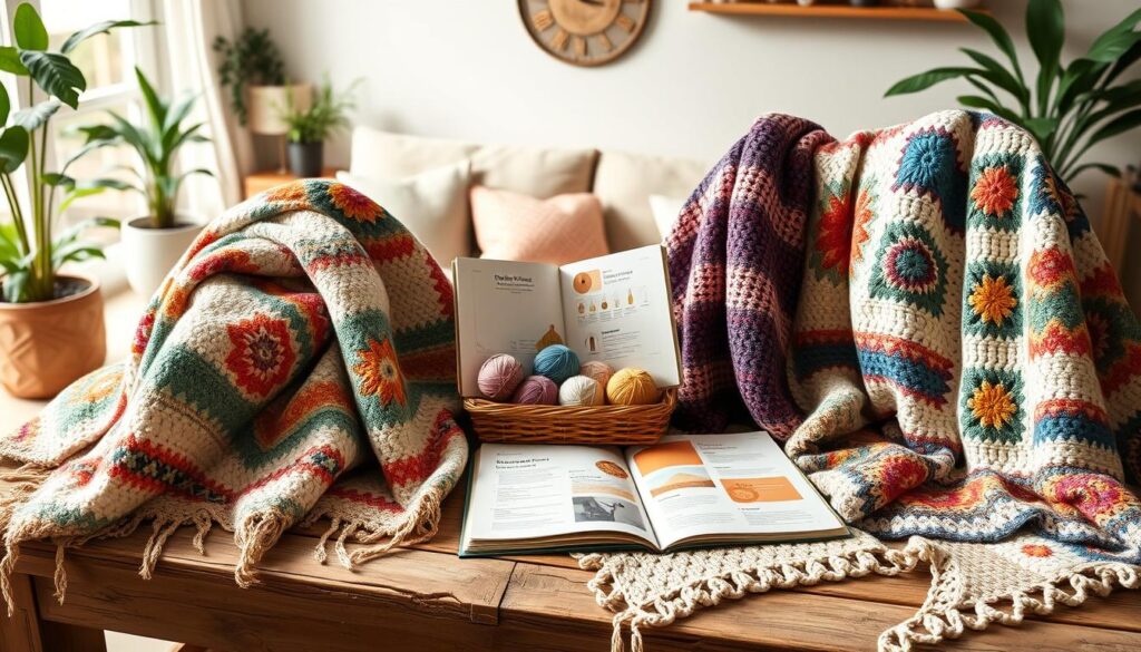 A cozy, inviting scene showcasing an array of modern crochet blanket patterns displayed on a rustic wooden table. In the foreground, several beautifully crafted blankets, featuring intricate geometric designs and vibrant colors, are draped elegantly. In the middle, a half-open crochet pattern book reveals colorful charts, accented by a basket filled with an assortment of soft yarns in various shades and textures. In the background, a softly lit living room setting with plants and a comfy sofa creates a warm, relaxed atmosphere. The lighting is soft and natural, enhancing the texture of the blankets while inviting viewers into the scene. The overall mood is inspiring and creative, perfect for showcasing the beauty and versatility of crochet designs. A cozy, inviting scene showcasing an array of modern crochet blanket patterns displayed on a rustic wooden table. In the foreground, several beautifully crafted blankets, featuring intricate geometric designs and vibrant colors, are draped elegantly. In the middle, a half-open crochet pattern book reveals colorful charts, accented by a basket filled with an assortment of soft yarns in various shades and textures. In the background, a softly lit living room setting with plants and a comfy sofa creates a warm, relaxed atmosphere. The lighting is soft and natural, enhancing the texture of the blankets while inviting viewers into the scene. The overall mood is inspiring and creative, perfect for showcasing the beauty and versatility of crochet designs.