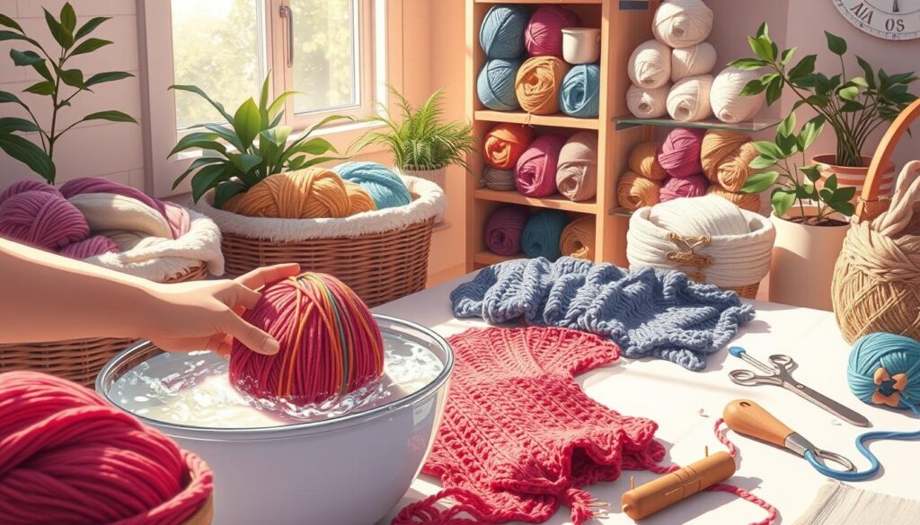 A cozy, inviting scene showcasing an assortment of vibrant yarn skeins in various hues, neatly arranged in soft wool baskets. In the foreground, a pair of hands gently washing a colorful skein in a bowl of warm soapy water, bubbles reflecting the sunlight. The middle ground features a beautifully blocked knitted piece laid out on a clean surface, pins holding its shape, surrounded by tools like a lint roller, scissors, and a wooden yarn winder. The background includes an aesthetic shelf displaying neatly organized yarns in shades of pastel and earth tones, plants softly diffusing light. The atmosphere exudes tranquility and warmth, with soft, natural lighting enhancing the textures of the yarn and the inviting environment. The scene captures the essence of yarn care, promoting the longevity of crafted pieces. A cozy, inviting scene showcasing an assortment of vibrant yarn skeins in various hues, neatly arranged in soft wool baskets. In the foreground, a pair of hands gently washing a colorful skein in a bowl of warm soapy water, bubbles reflecting the sunlight. The middle ground features a beautifully blocked knitted piece laid out on a clean surface, pins holding its shape, surrounded by tools like a lint roller, scissors, and a wooden yarn winder. The background includes an aesthetic shelf displaying neatly organized yarns in shades of pastel and earth tones, plants softly diffusing light. The atmosphere exudes tranquility and warmth, with soft, natural lighting enhancing the textures of the yarn and the inviting environment. The scene captures the essence of yarn care, promoting the longevity of crafted pieces.