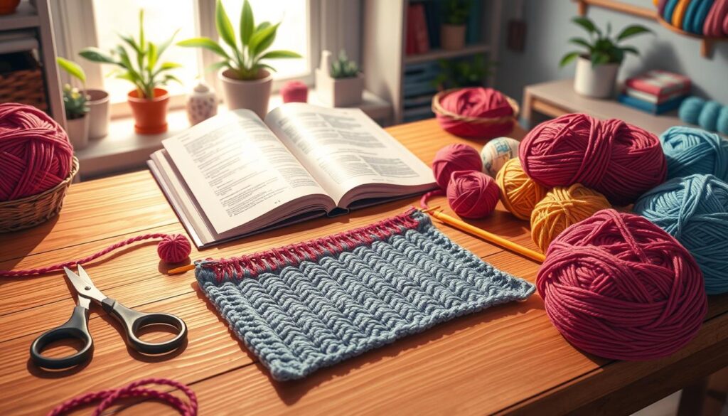 A cozy knitting corner featuring a beautifully arranged steek swatch tutorial, showcasing vibrant yarns in various colors. In the foreground, a well-lit wooden table displays a partially knitted swatch with clear, distinct ladders where the steeking will take place. To the side, a pair of professional-looking scissors and a tapestry needle add to the atmosphere. In the middle ground, an open knitting pattern book shows clear instructions, surrounded by colorful balls of yarn, adding visual interest. The background reveals a warm and inviting room, softly lit by a window, with plants and knitting supplies neatly organized. The overall mood is creative and welcoming, inspiring beginners to explore steeking in their knitting projects. A cozy knitting corner featuring a beautifully arranged steek swatch tutorial, showcasing vibrant yarns in various colors. In the foreground, a well-lit wooden table displays a partially knitted swatch with clear, distinct ladders where the steeking will take place. To the side, a pair of professional-looking scissors and a tapestry needle add to the atmosphere. In the middle ground, an open knitting pattern book shows clear instructions, surrounded by colorful balls of yarn, adding visual interest. The background reveals a warm and inviting room, softly lit by a window, with plants and knitting supplies neatly organized. The overall mood is creative and welcoming, inspiring beginners to explore steeking in their knitting projects.