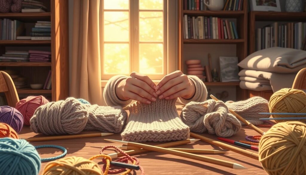 A cozy knitting scene showcasing a tabletop filled with various knitted swatches exhibiting gauge problems: one swatch is tight and dense, another is loose and airy, while a third shows inconsistent tension. In the foreground, colorful yarn balls in soft textures are scattered alongside knitting needles. The middle of the image features a pair of hands, clothed in comfortable, modest attire, carefully examining the swatches under warm, natural light coming from a nearby window, creating a soft glow. In the background, a rustic shelf lined with knitting books and tools adds to the inviting atmosphere, evoking a sense of troubleshooting and creativity. The overall mood is calm and introspective, perfect for exploring common knitting dilemmas. A cozy knitting scene showcasing a tabletop filled with various knitted swatches exhibiting gauge problems: one swatch is tight and dense, another is loose and airy, while a third shows inconsistent tension. In the foreground, colorful yarn balls in soft textures are scattered alongside knitting needles. The middle of the image features a pair of hands, clothed in comfortable, modest attire, carefully examining the swatches under warm, natural light coming from a nearby window, creating a soft glow. In the background, a rustic shelf lined with knitting books and tools adds to the inviting atmosphere, evoking a sense of troubleshooting and creativity. The overall mood is calm and introspective, perfect for exploring common knitting dilemmas.