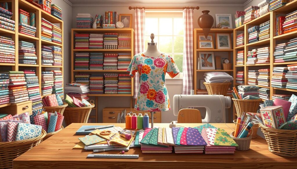 A cozy sewing studio filled with an array of colorful fabric remnants organized in neat baskets, showcasing various stash-friendly patterns. In the foreground, a wooden sewing table is adorned with vibrant fabric swatches, including floral, geometric, and abstract designs. Sewing tools such as scissors, pins, and a ruler are artfully arranged for a creative look. In the middle, a mannequin displays a partially sewn garment crafted from a mix of these stash-friendly patterns, surrounded by colorful threads. The background features a sunlit window, casting warm, natural light that enhances the textures of the fabrics and creates a cheerful atmosphere. A clean, organized workspace conveys inspiration and creativity, inviting viewers to dive into the world of sewing. A cozy sewing studio filled with an array of colorful fabric remnants organized in neat baskets, showcasing various stash-friendly patterns. In the foreground, a wooden sewing table is adorned with vibrant fabric swatches, including floral, geometric, and abstract designs. Sewing tools such as scissors, pins, and a ruler are artfully arranged for a creative look. In the middle, a mannequin displays a partially sewn garment crafted from a mix of these stash-friendly patterns, surrounded by colorful threads. The background features a sunlit window, casting warm, natural light that enhances the textures of the fabrics and creates a cheerful atmosphere. A clean, organized workspace conveys inspiration and creativity, inviting viewers to dive into the world of sewing.