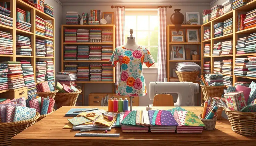 A cozy sewing studio filled with an array of colorful fabric remnants organized in neat baskets, showcasing various stash-friendly patterns. In the foreground, a wooden sewing table is adorned with vibrant fabric swatches, including floral, geometric, and abstract designs. Sewing tools such as scissors, pins, and a ruler are artfully arranged for a creative look. In the middle, a mannequin displays a partially sewn garment crafted from a mix of these stash-friendly patterns, surrounded by colorful threads. The background features a sunlit window, casting warm, natural light that enhances the textures of the fabrics and creates a cheerful atmosphere. A clean, organized workspace conveys inspiration and creativity, inviting viewers to dive into the world of sewing. A cozy sewing studio filled with an array of colorful fabric remnants organized in neat baskets, showcasing various stash-friendly patterns. In the foreground, a wooden sewing table is adorned with vibrant fabric swatches, including floral, geometric, and abstract designs. Sewing tools such as scissors, pins, and a ruler are artfully arranged for a creative look. In the middle, a mannequin displays a partially sewn garment crafted from a mix of these stash-friendly patterns, surrounded by colorful threads. The background features a sunlit window, casting warm, natural light that enhances the textures of the fabrics and creates a cheerful atmosphere. A clean, organized workspace conveys inspiration and creativity, inviting viewers to dive into the world of sewing.